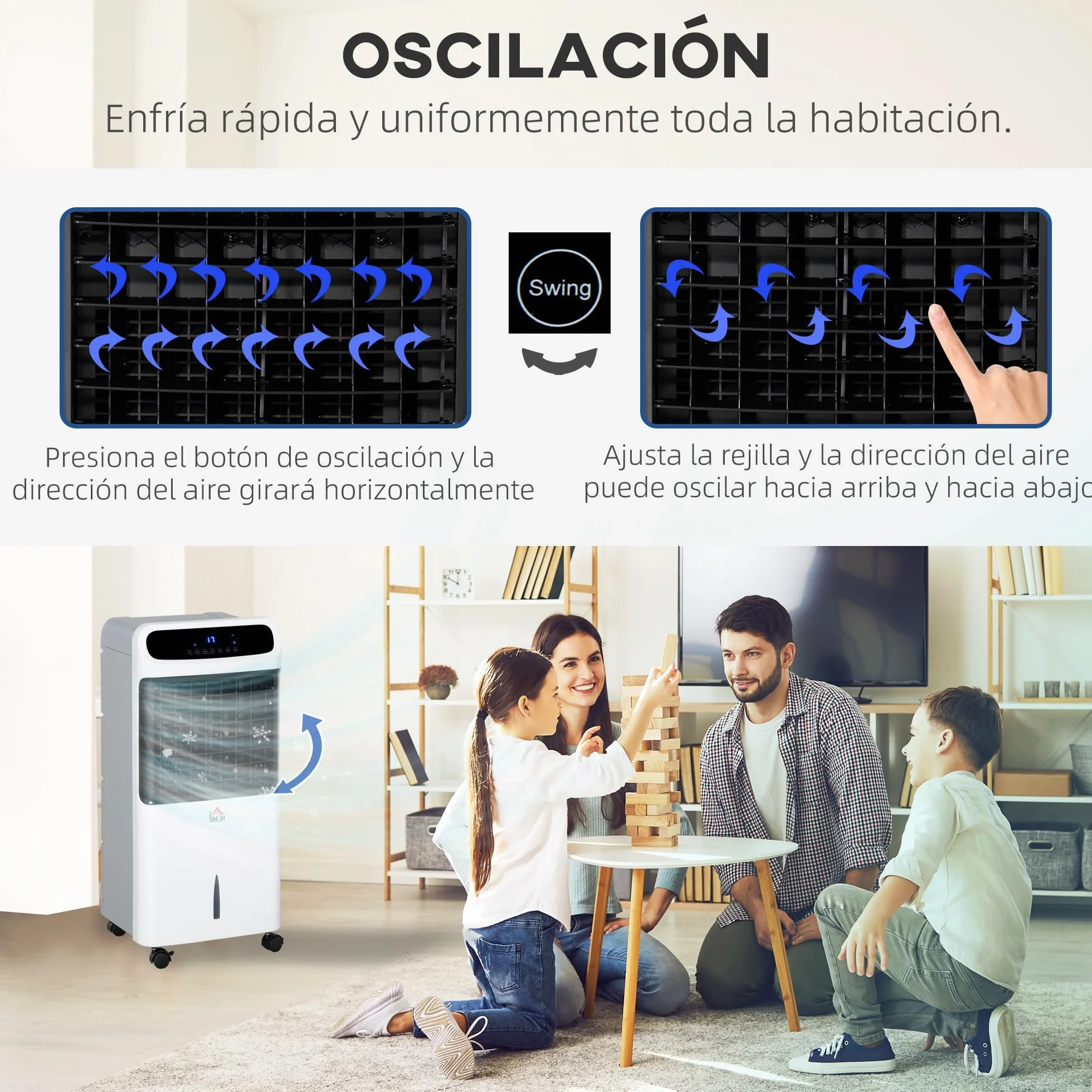 HOMCOM Climatizador Evaporativo Bajo Consumo 4 en 1 Depósito 12L Humidificador Climatizador Iones Negativos Control Remoto 3 Modos 3 Velocidades Temporizador 12 h Pantalla LED Táctil 38x35x81cm Blanco
