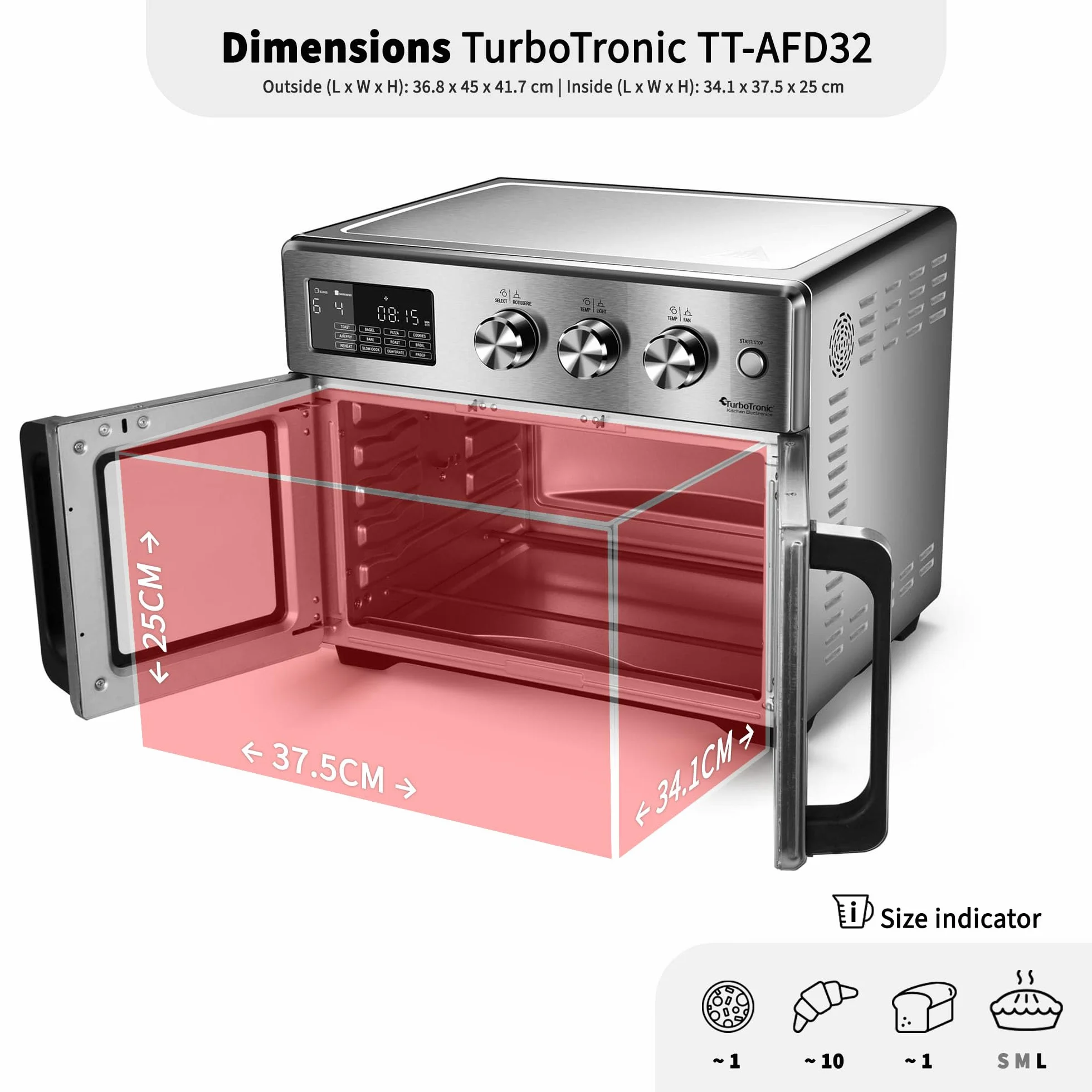 TurboTronic Horno Digital 32L 4en1 Asador Giratorio Freidora de Aire