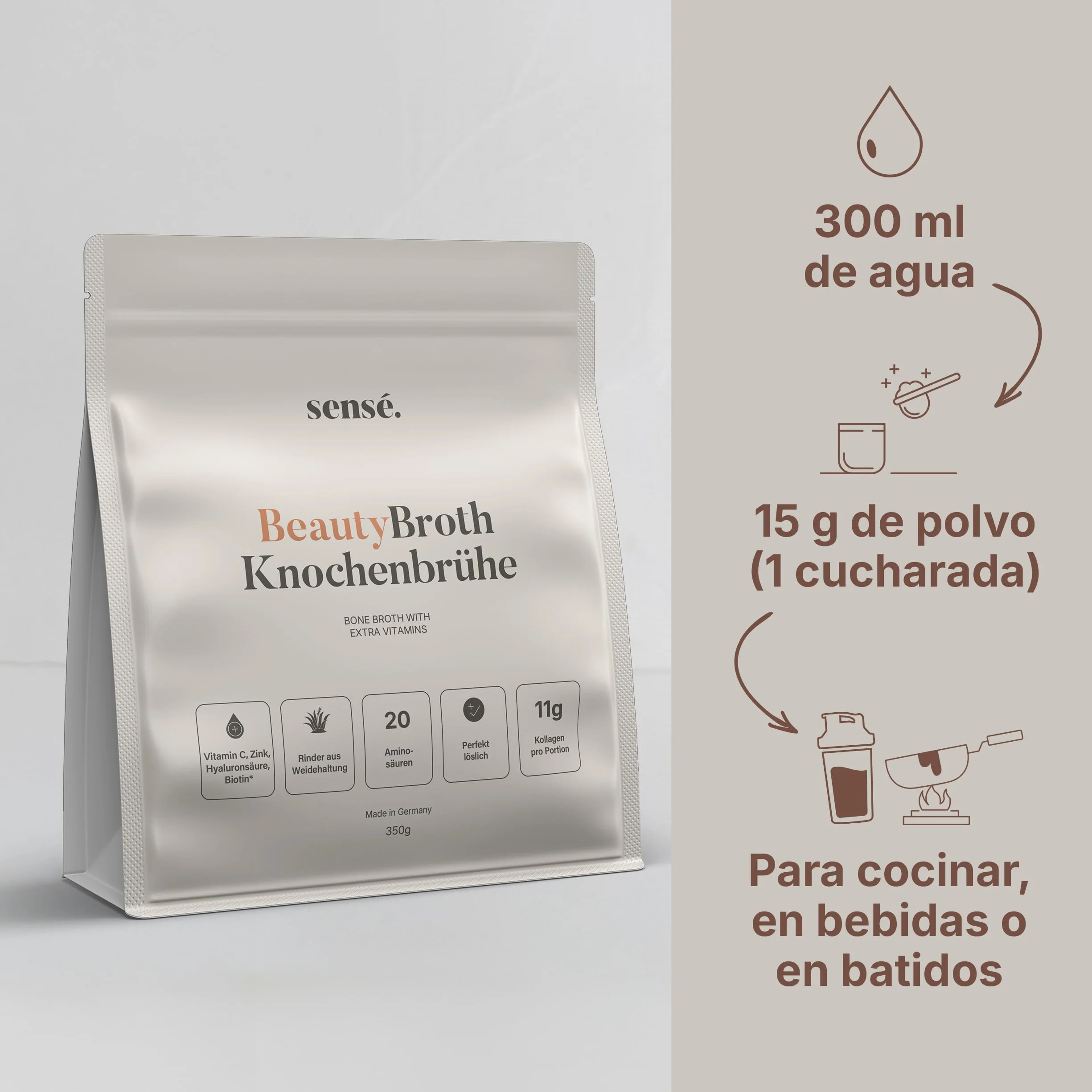 Polvo de caldo de huesos Weiderind bioactivo 350 g colágeno tipos 1,2,3 vitamina C zinc biotina ácido hialurónico