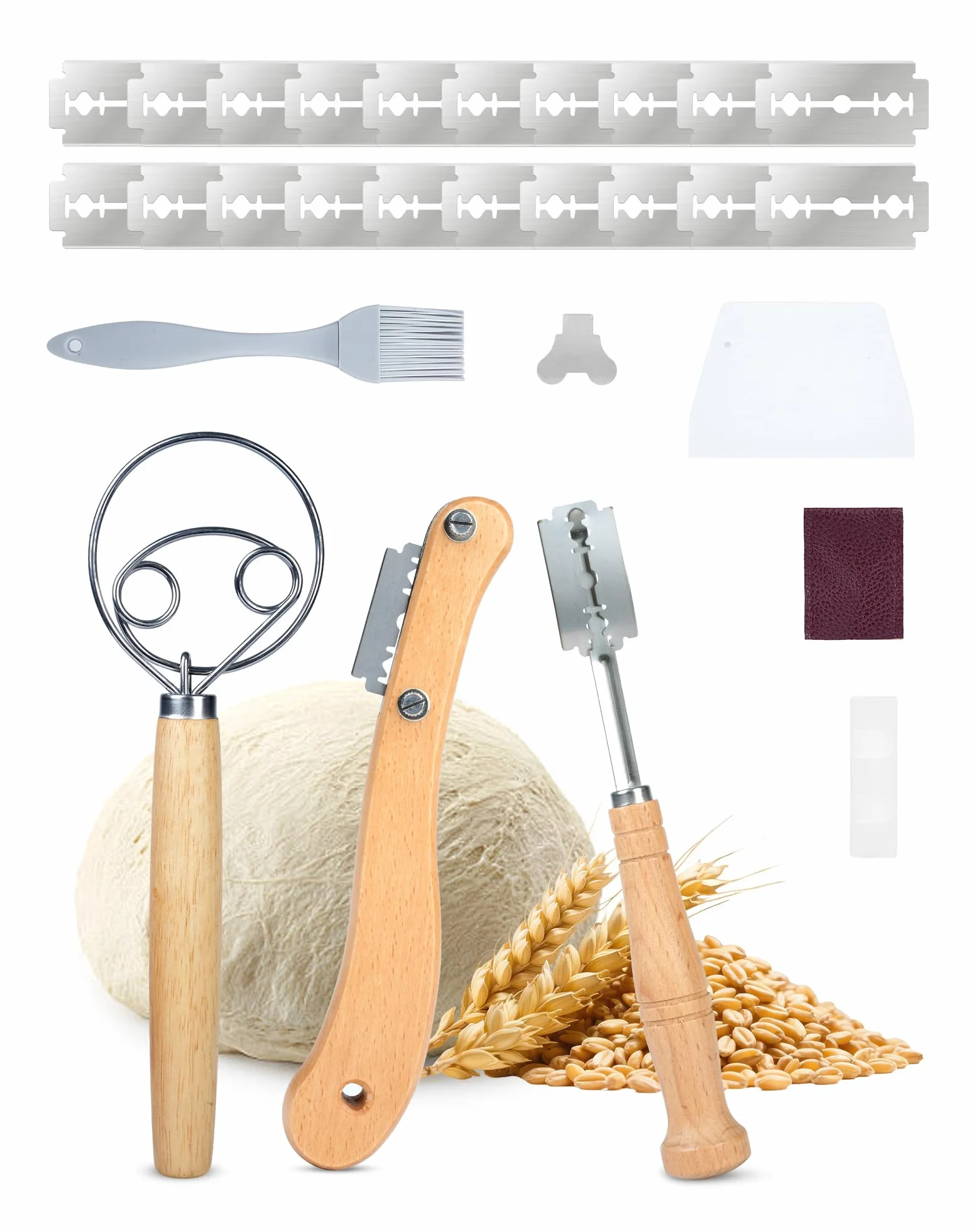Kit Panadería 5 Piezas con Cuchilla para Pan, 2 Cuchillas Panadero Recta Curva con 20 Hojas de Repuesto, Batidor Danés, Rasqueta y Pincel, Accesorios para Masa Madre y Pan Artesanal, Acero Inoxidable