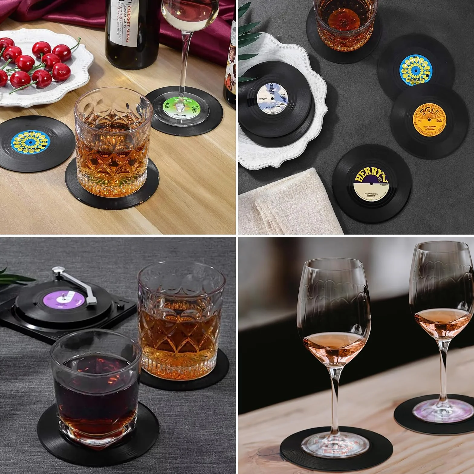 6 posavasos de silicona, posavasos retro de vinilo con soporte, en forma de discos de vinilo, para café, té, jarra de cerveza, vino, de cristal, casa y bar