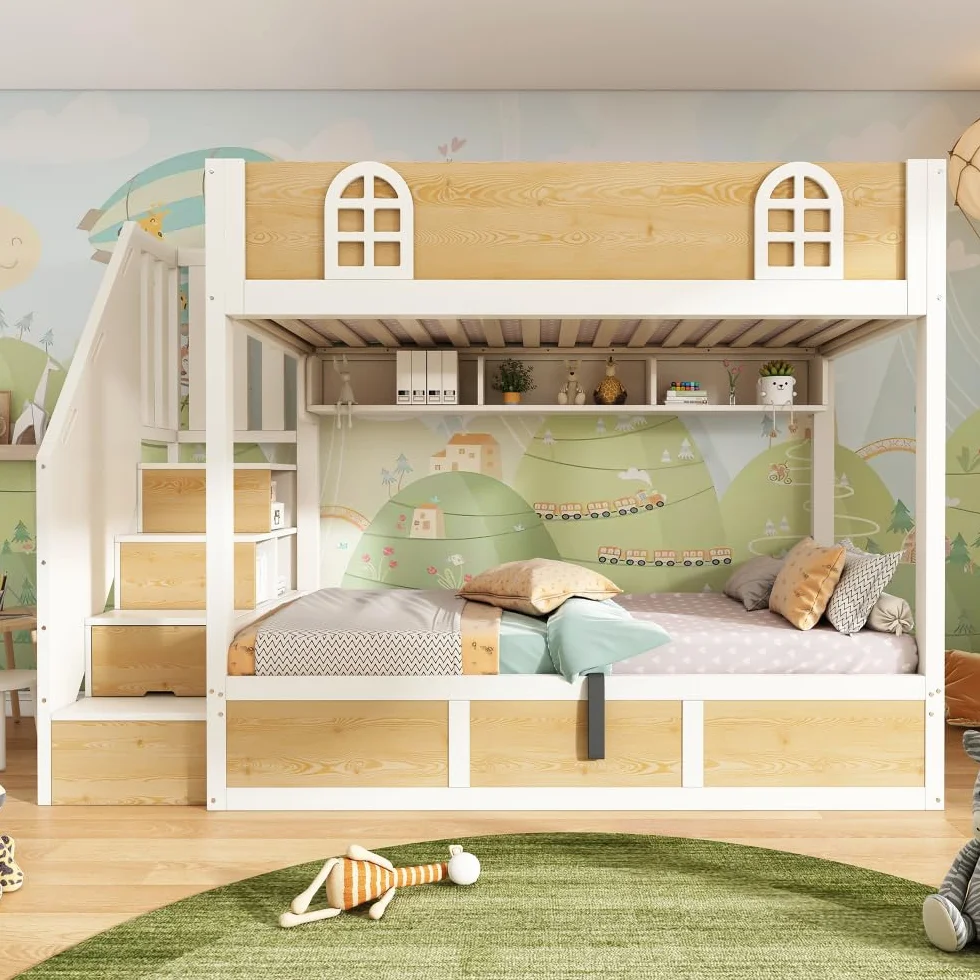 Litera 90x200 cm con Somier de Láminas y Almacenamiento Hidráulico, Blanco Natural