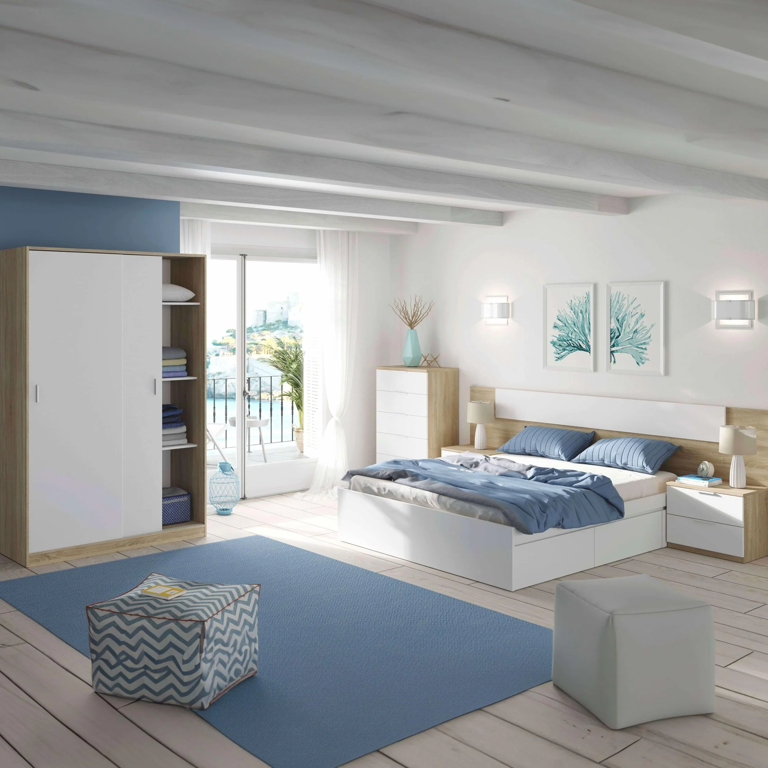 Miroytengo Pack Dormitorio Completo Alaya Color Blanco Y Roble para Camas 150 cm (Cama+cabecero+2 Mesitas+Armario+sinfonier)