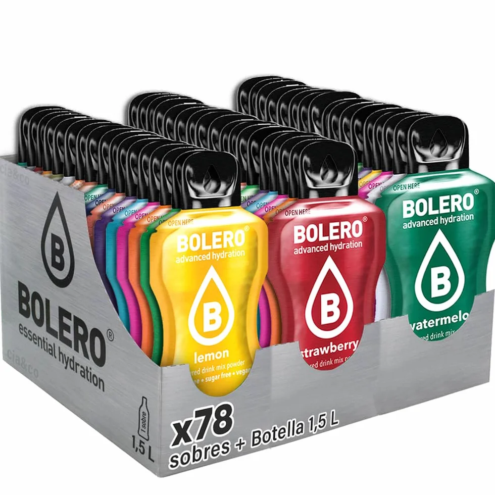 Bolero MIX Sabores VARIADOS 78x9g + BOTELLA 1500ml Aguamarina + 50 Pepitas Saludables Cia&Co - Hidratación Saludable sin Azúcar