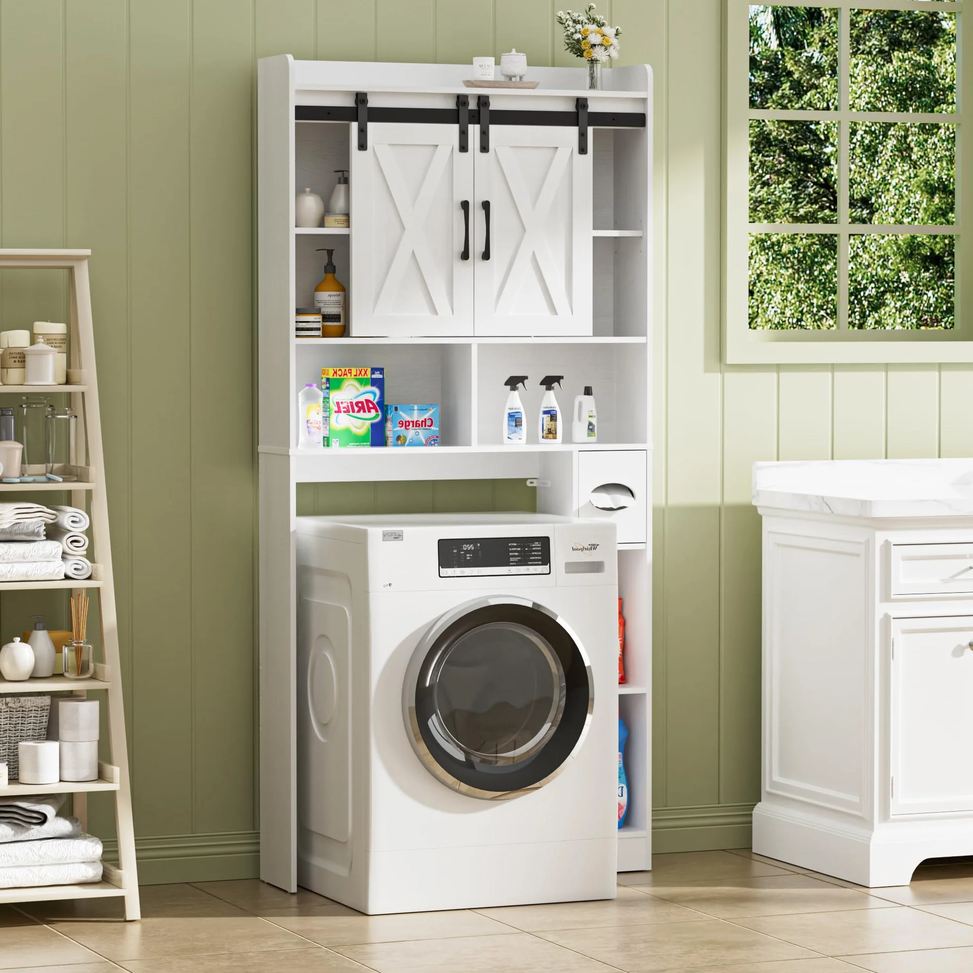 BonVache Mueble Lavadora Puerta Corredera Estantes Ajustables 5 Nichos Abiertos Compartimento Toallas Papel Baño Lavandería Blanco
