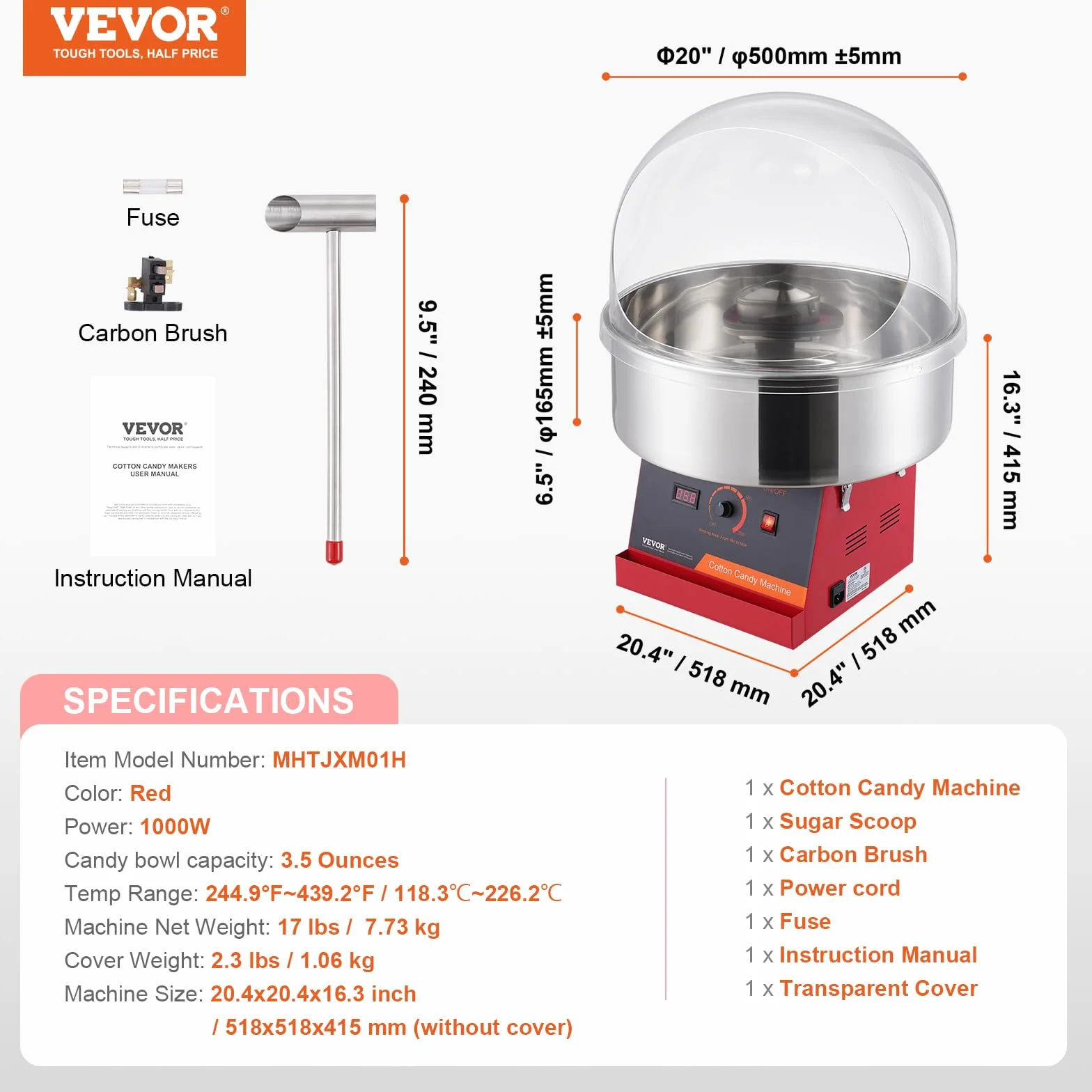 VEVOR Máquina Eléctrica de Algodón de Azúcar 1000 W, Comercial con Tapa, Tazón de Acero Inoxidable, Rojo