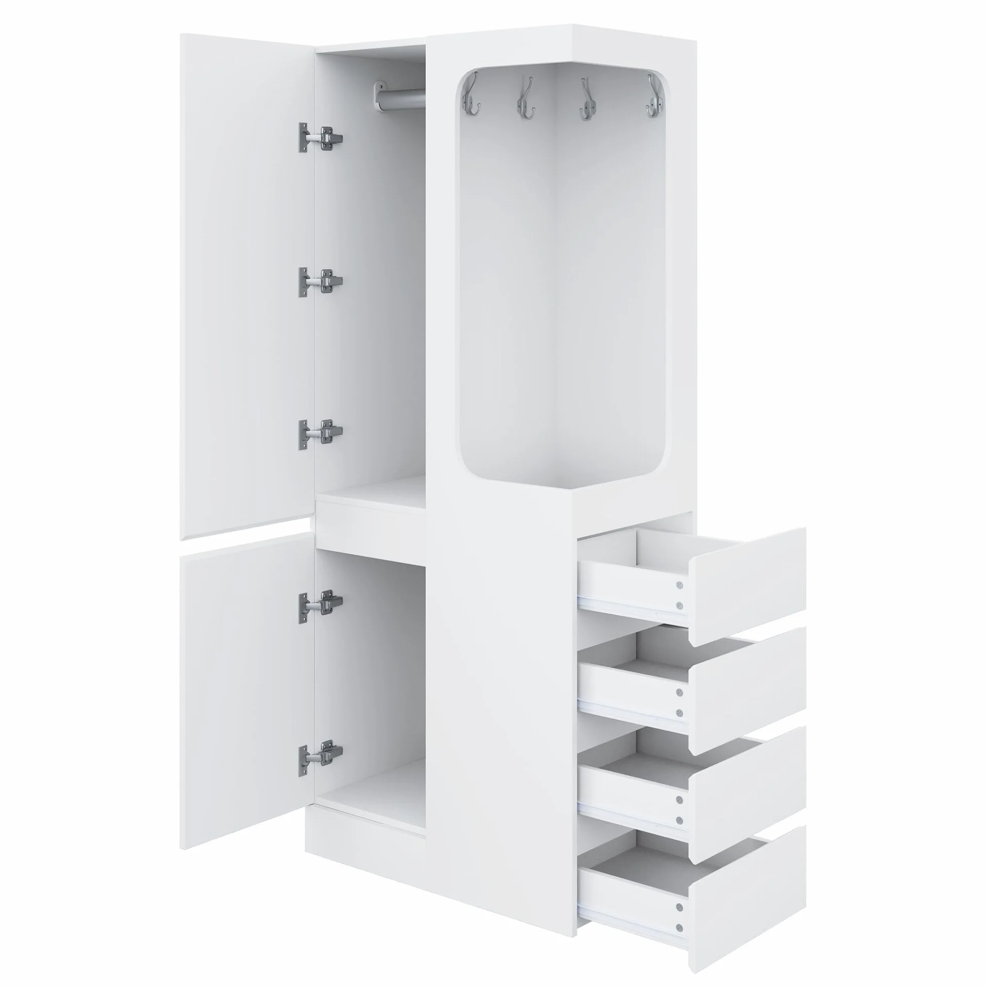 Armario, con cajones y compartimentos de almacenamiento, área abierta para ropa, una puerta (Blanco-1)