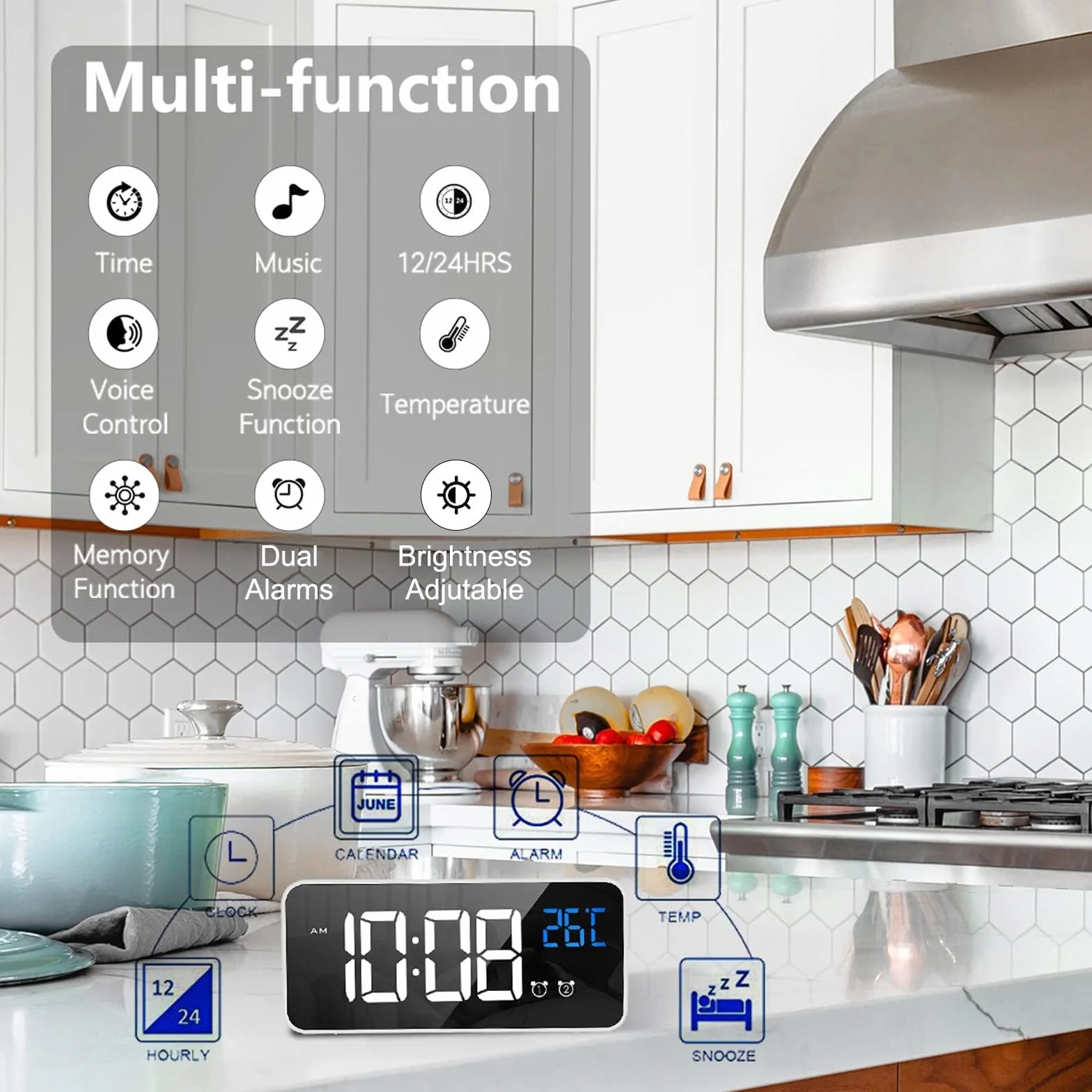 LATEC Reloj Despertador Digital LED con Espejo, Doble Alarma, Temperatura, USB, 10 Melodías, Brillo Ajustable, 12/24H Blanco