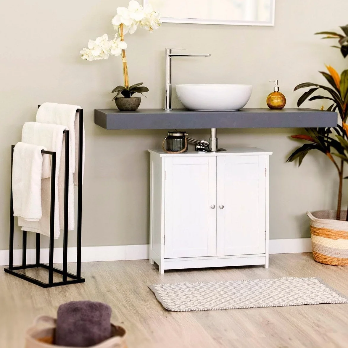 LOLAhome Mueble Bajo Lavabo Madera Blanca 60x60x30 cm 2 Puertas 2 Baldas