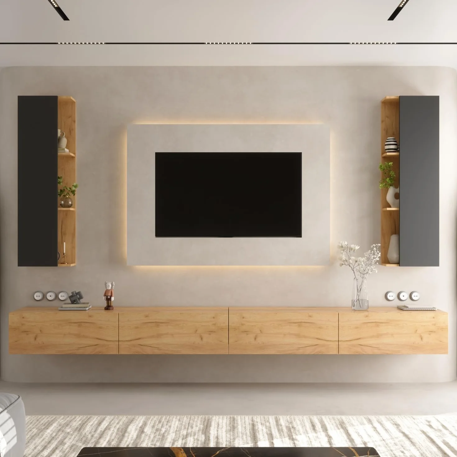 Planetmöbel Mueble de televisión, Mesa para TV de 320 cm de Largo, 2X armarios de televisión suspendidos de 40x130x17 cm para el salón, 2X Muebles Bajos de 160x30x37,8 cm, Roble Dorado