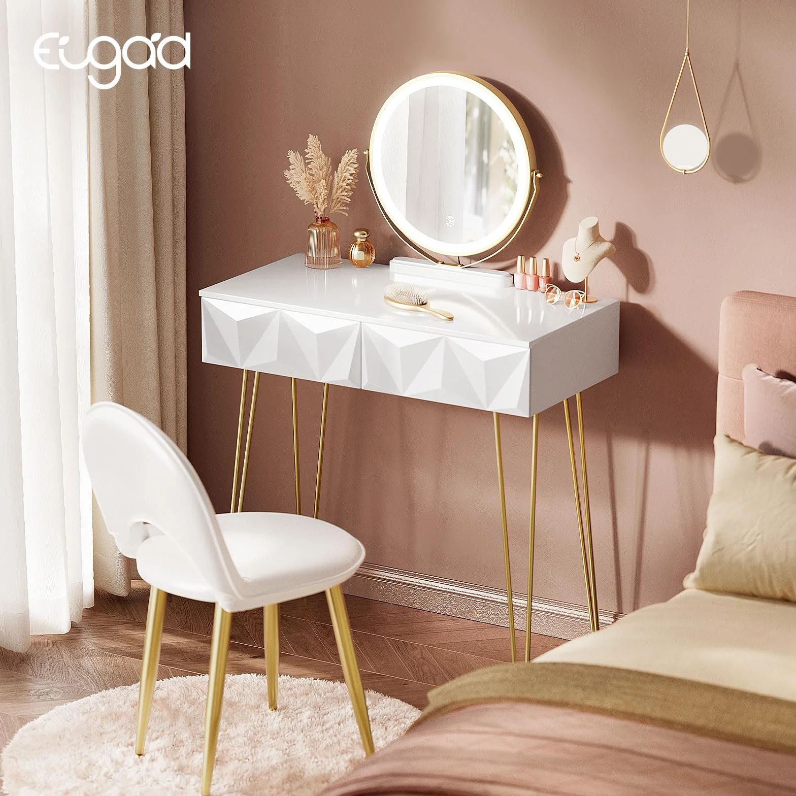 EUGAD Tocador de Maquillaje con Luz y Taburete, Conjunto de Tocador con Espejo con Silla Terciopelo, con 2 Cajones, Blanco + Dorado, 0056SZT