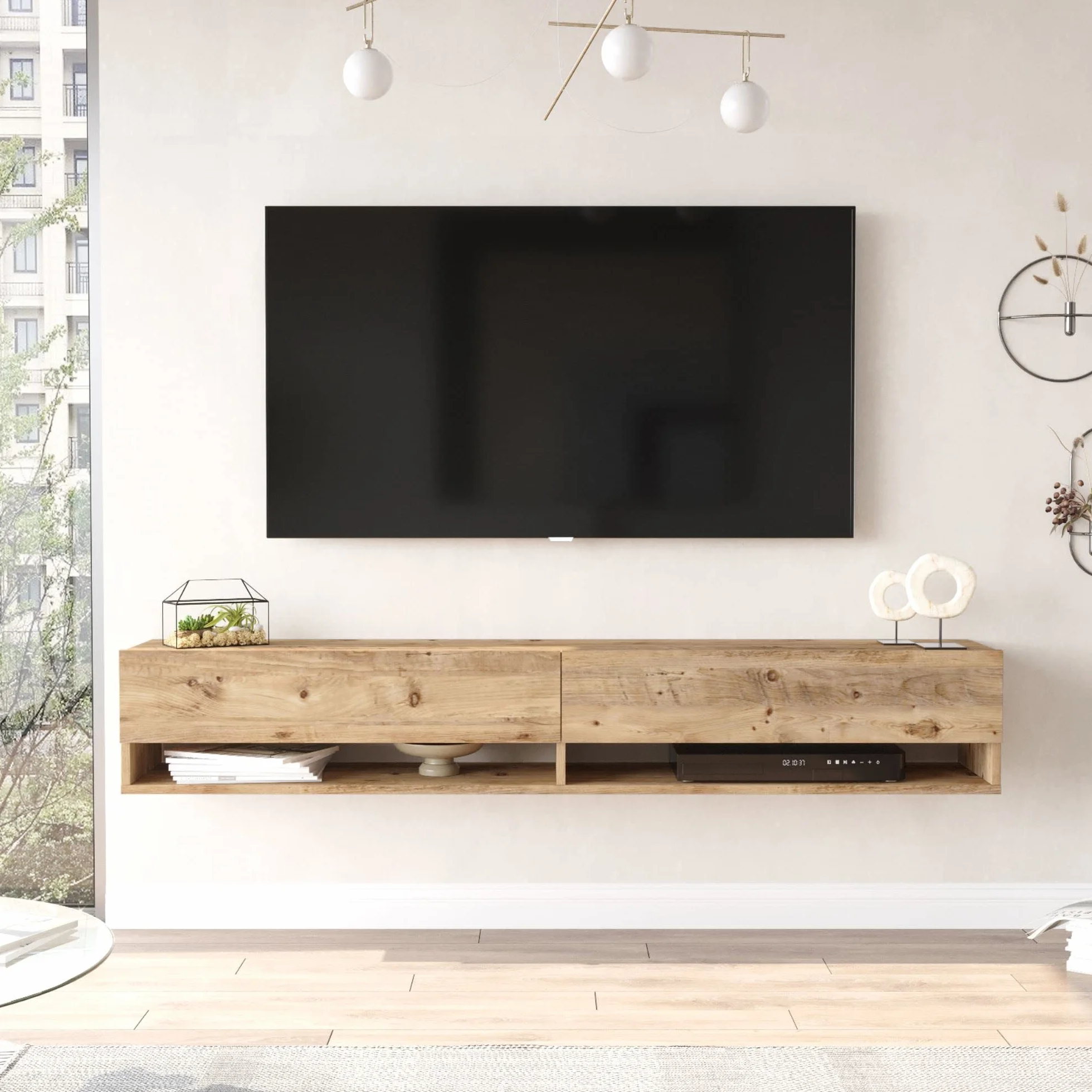 [en.casa] Mueble TV Suspendido con Espacio de Almacenaje Mesa Tele de Pared con 2 Puertas y 2 Estantes Aglomerado 180 x 32 x 30 cm Roble Rústico