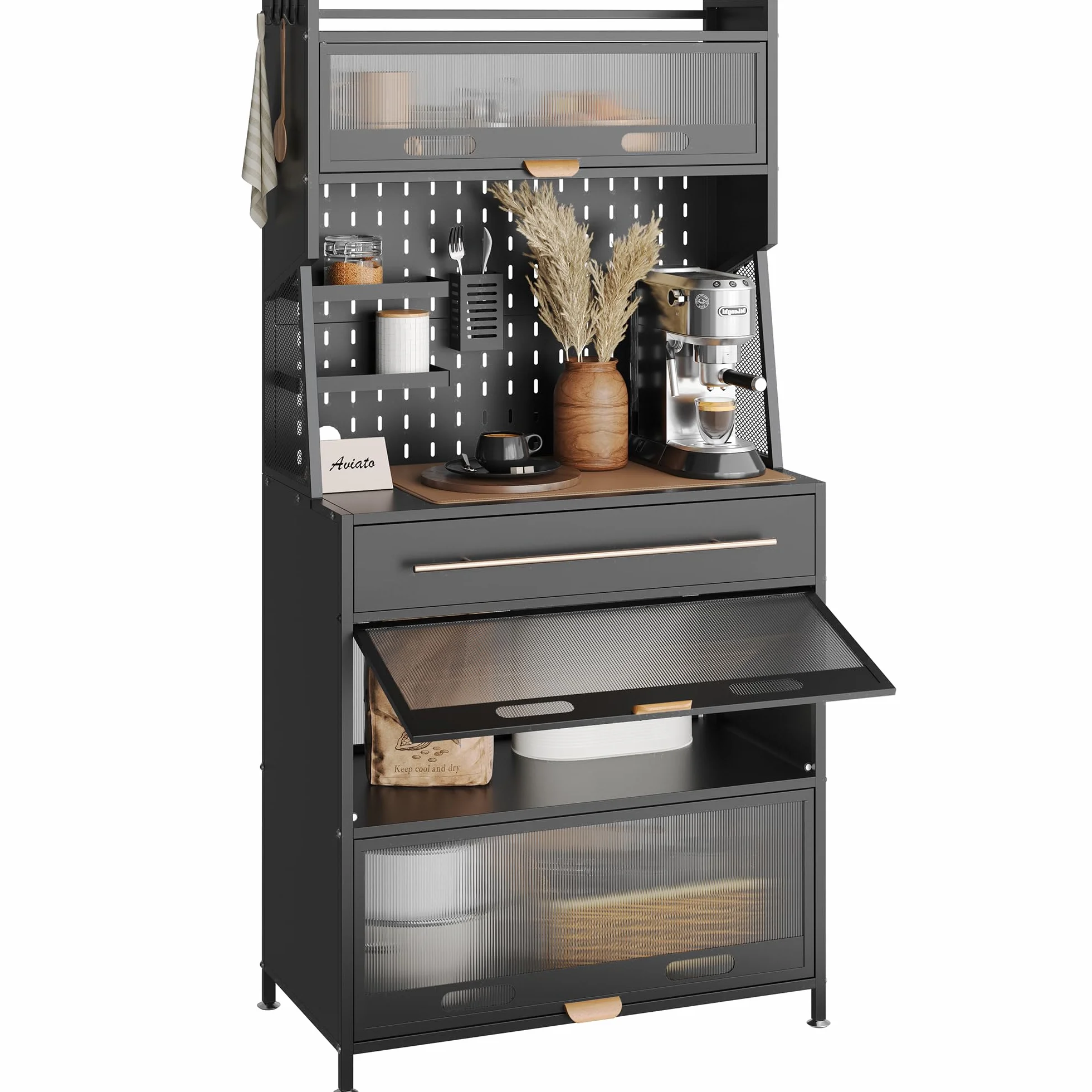 NETEL alacena de Cocina con encimera, Mueble Cocina almacenaje, Mueble microondas,Mueble de Cocina, Armario despensa Cocina, armarios de Cocina, Mueble cafetera,estanteria Cocina，Negro, 80x42x168cm