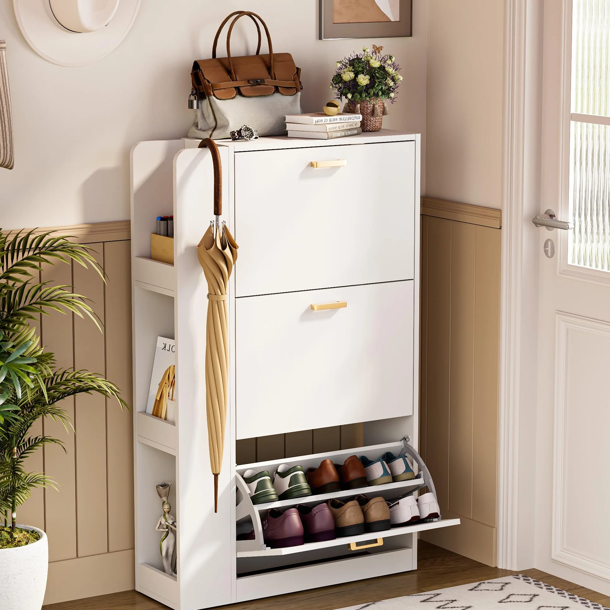 Mueble Zapatero 3 Puertas Zapatero Estrecho con 3 Compartimentos para 18-24 Pares de Zapatos, Armarios Zapatos para Sala de Estar, Pasillo de Entrada, 73,5x24x118cm Blanco