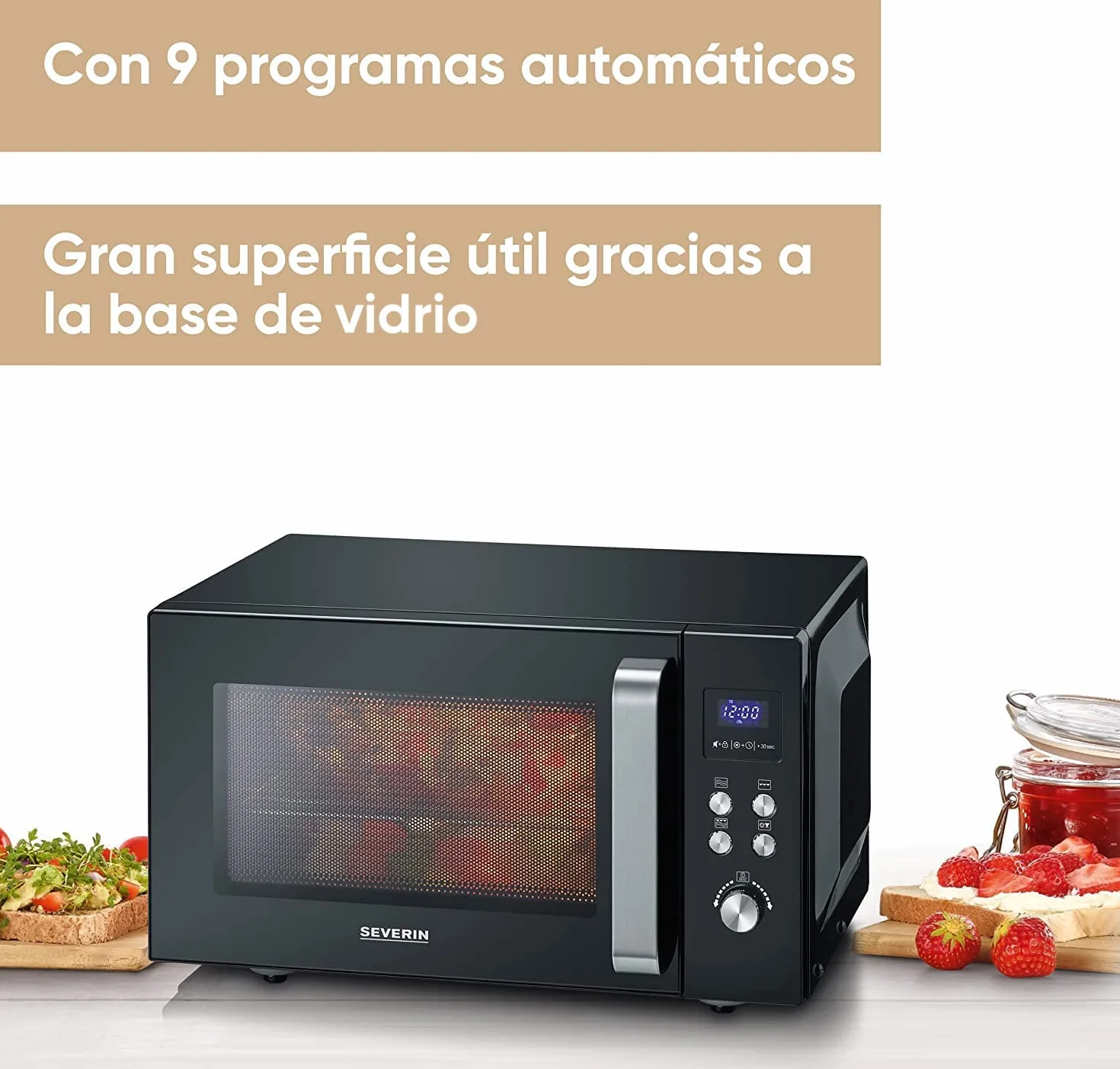 SEVERIN Microondas 2 en 1, microondas con grill y base de vidrio para descongelar y calentar, microondas digital grande para platos cuadrados, negro/acero inoxidable, MW 7763