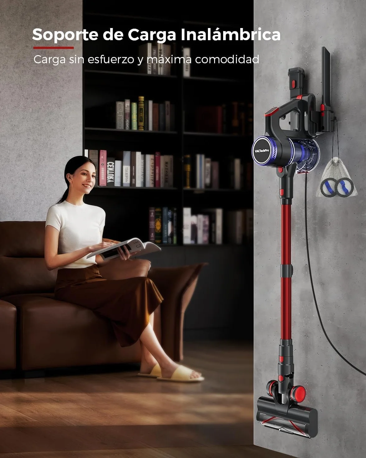 VACTechPro Aspiradora sin Cable 55KPa 600W 70Min 1.6L Vertical Rojo