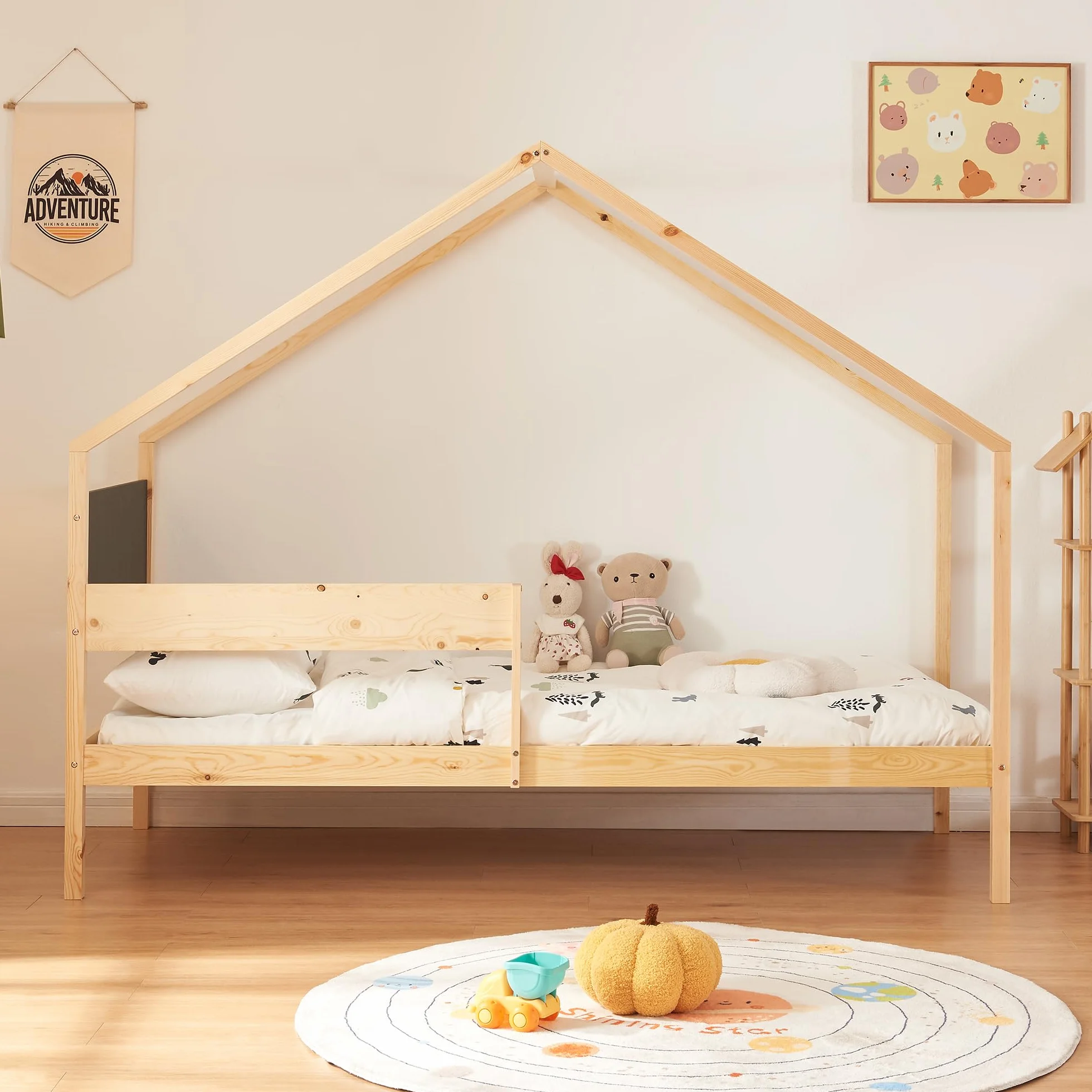 [en.casa] Cama Nido para Niños Niñas Estilo Montessori Cama Infantil con Cajón/Cama Extraíble Barandilla y Somier Forma de Casa máx. 100 kg/Cama Madera de Pino 90 x 200 cm - Natural/Negro