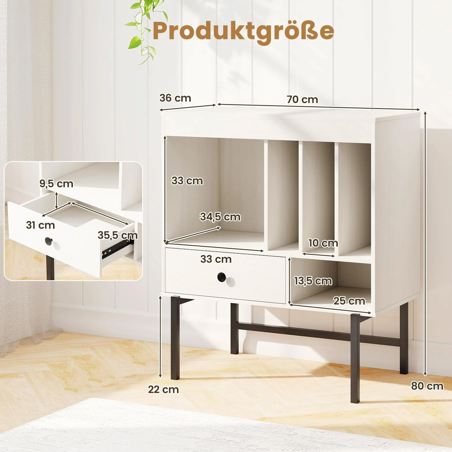 FANTASK Soporte Tocadiscos de Madera con Almacenamiento de Vinilo, Cajón y Soporte para Álbumes, Armario Auxiliar 70 cm