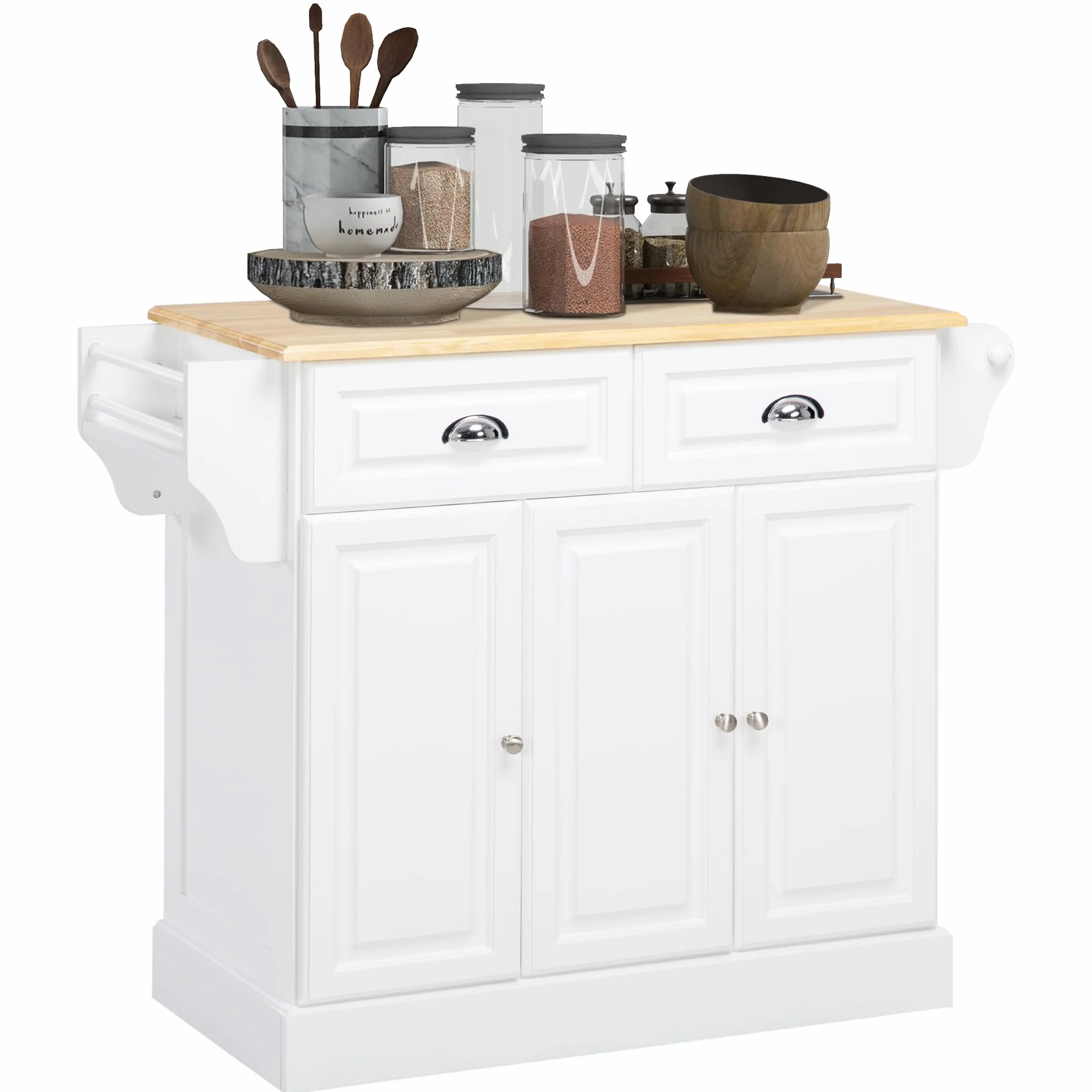 HOMCOM Isla de Cocina Carro de Cocina con Ruedas Carro Multiusos con 2 Cajones 3 Puertas Toallero y Estante para Especias para Comedor 110x45x91 cm Blanco