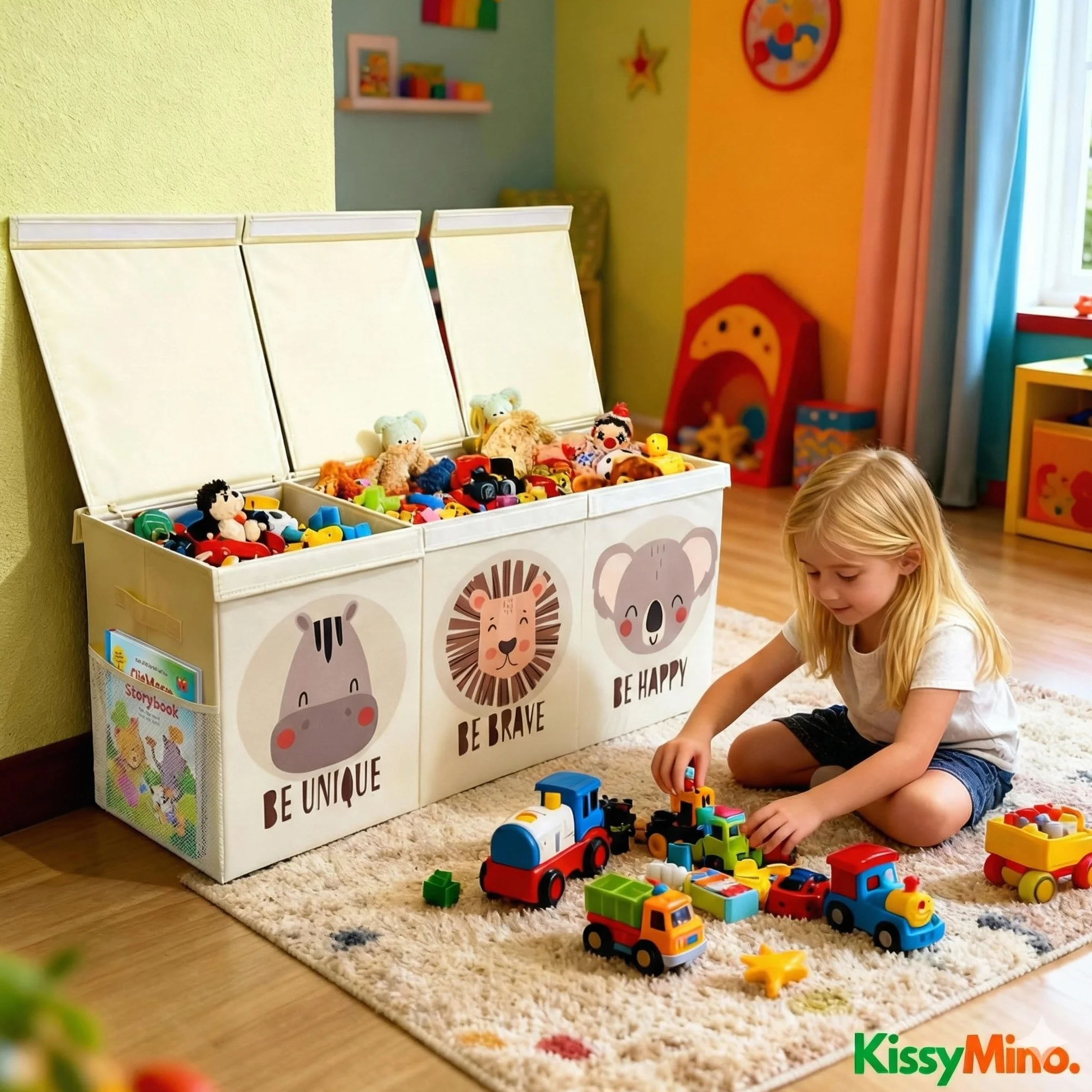Baúl almacenaje juguetes infantil XL con tapa plegable, Organizador juguetero beige