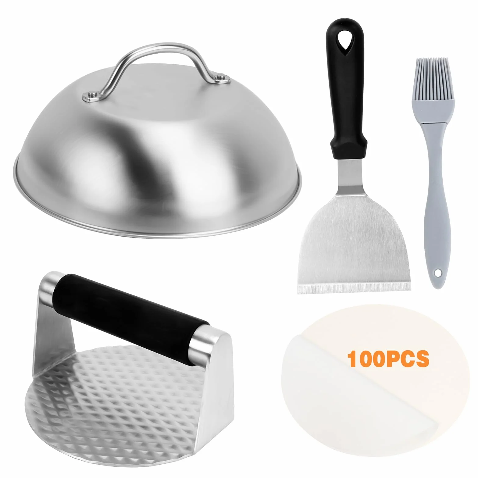 Campana para Hamburguesas Smash Burger de Acero Inoxidable 304 con Espátula y 100 Piezas Papel Antiadherente