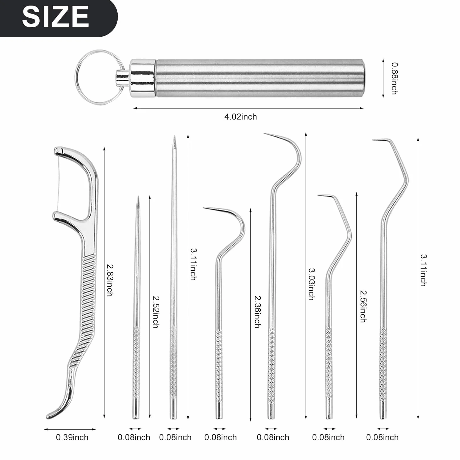 Juego de 7 palillos de dientes de acero inoxidable 304 portátil con tubo