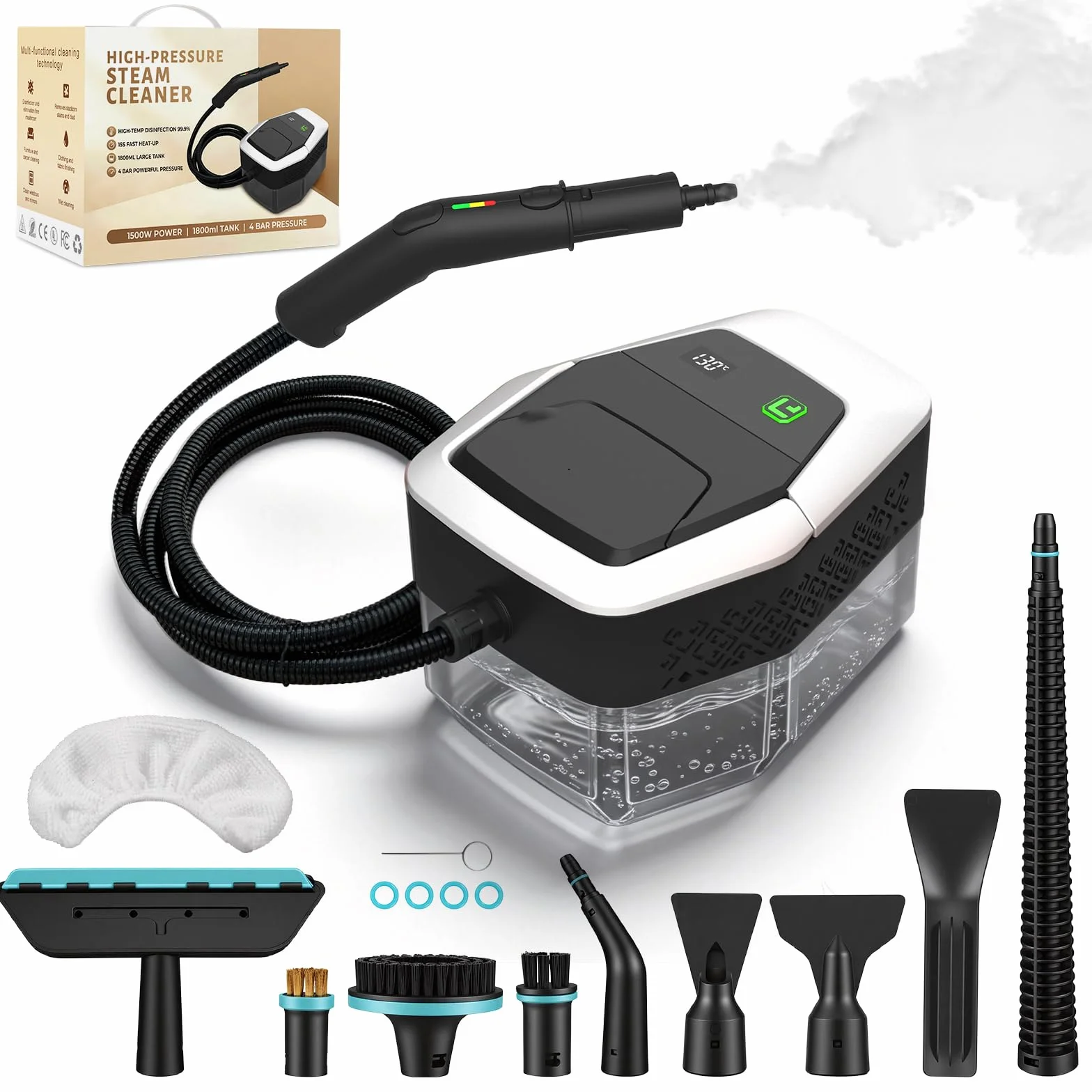 Vaporeta limpieza hogar 1500W, limpiador de vapor portátil 1.8L con 12 accesorios, blanco