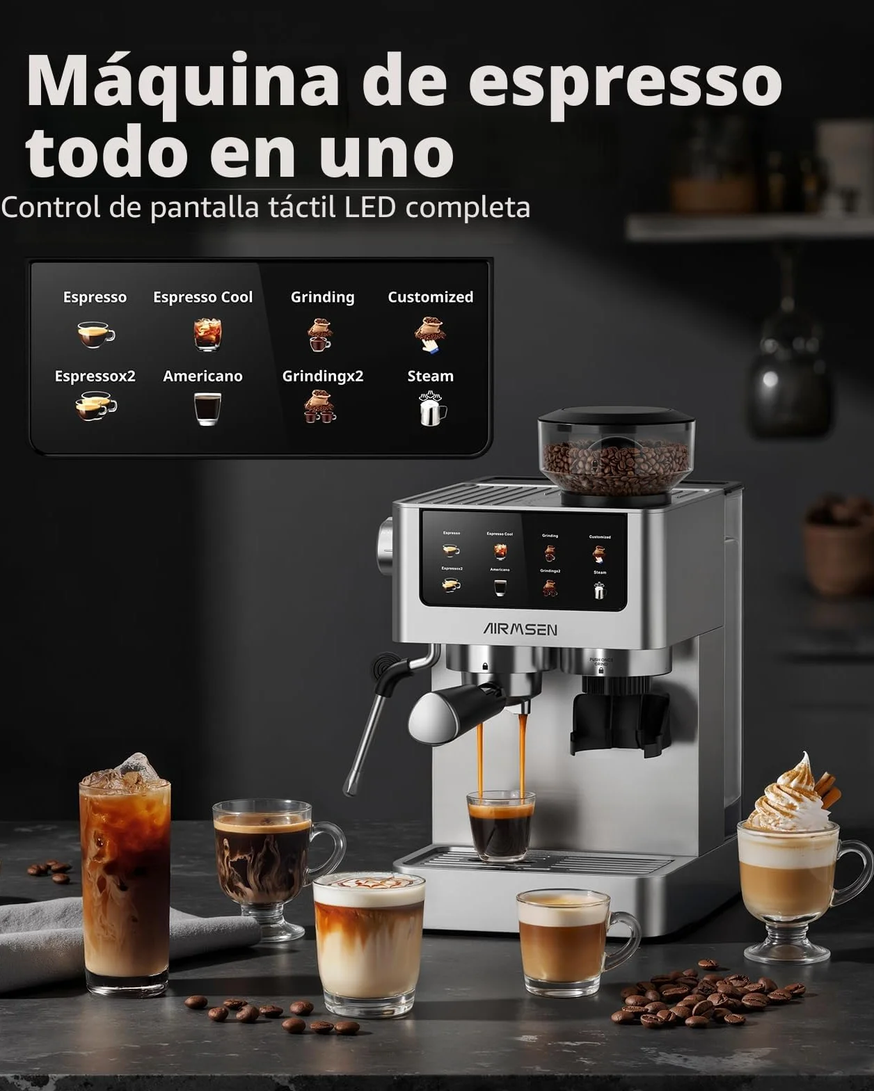 AIRMSEN 20 Bar Cafetera de Café Espresso con Molinillo Cónico y Vaporizador de Leche, Programable, Pantalla Táctil, Fabricada en Acero Inoxidable, 1.8L - Café Cold Brew y Americano, Espresso y Leche