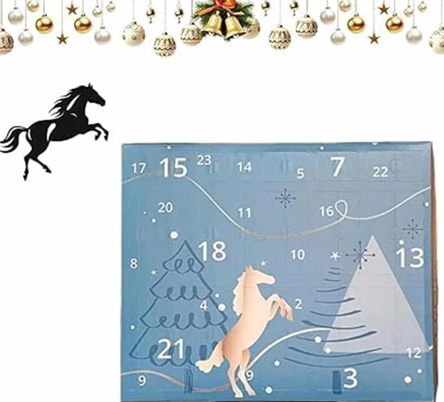 Calendario de Adviento 2025 con diseño de cielo invernal y caballos 24 días de regalos para dueños de caballos