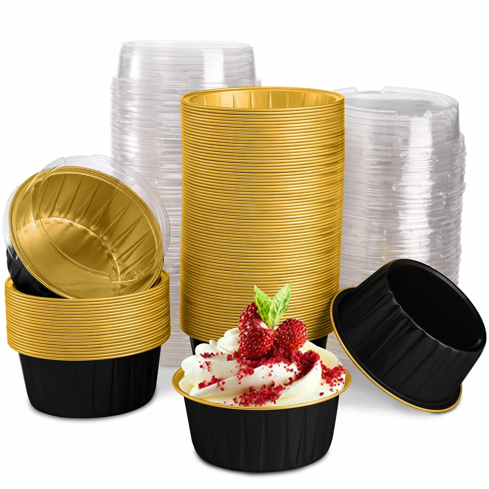 DEAYOU 100 piezas de papel de aluminio para hornear con tapas, 5 onzas desechables Ramekins Muffins, 3 pulgadas para magdalenas, Tarta de hojalata para pudín, soufle, fiesta, boda, color negro dorado