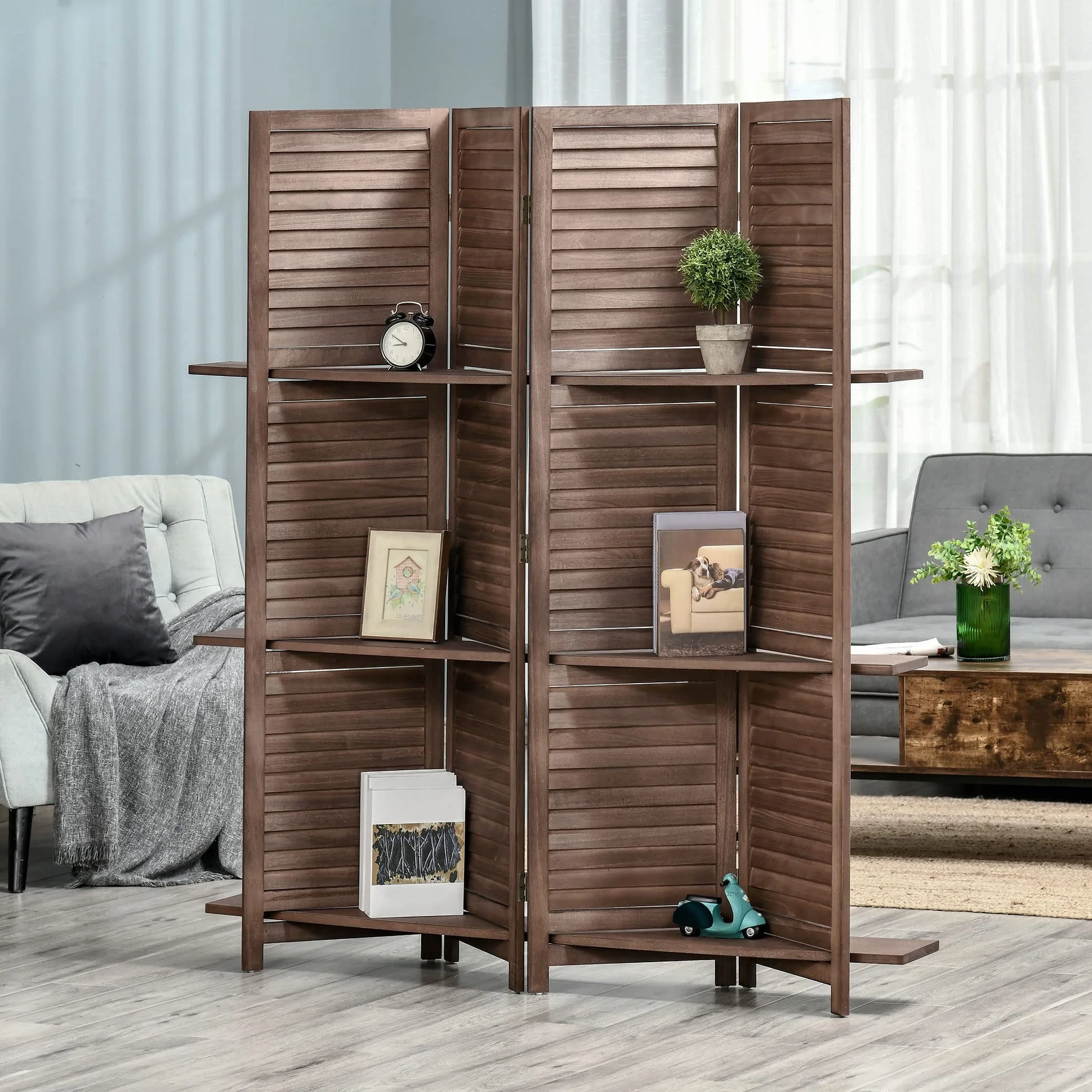 HOMCOM Biombo Plegable de 4 Paneles de Madera, 162x170 cm, Biombo Separador de Ambientes con 3 Estantes, Diseño de Persianas, Decoración para Dormitorio, Salón, Nogal