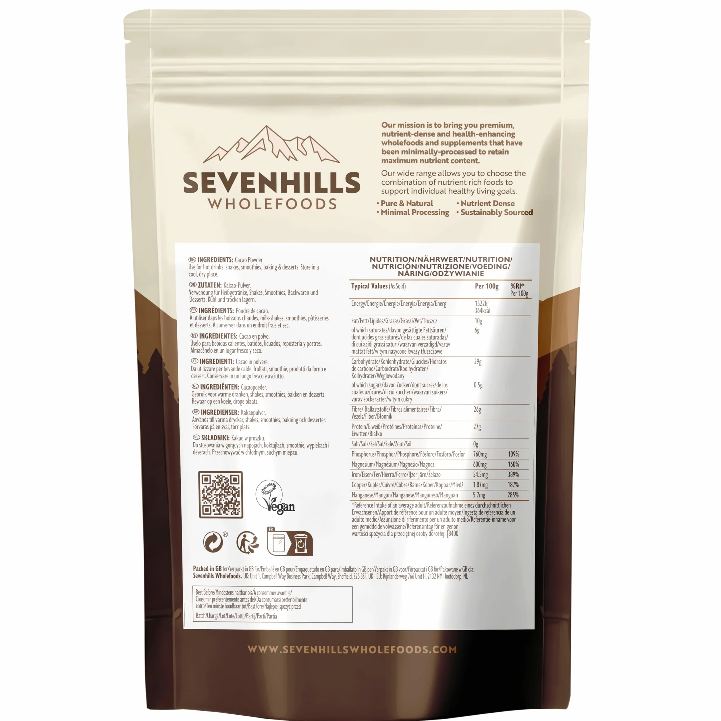 Sevenhills Wholefoods Cacao en Polvo 400g Sin Alcalinizar Alto en Hierro y Magnesio Premium Puro