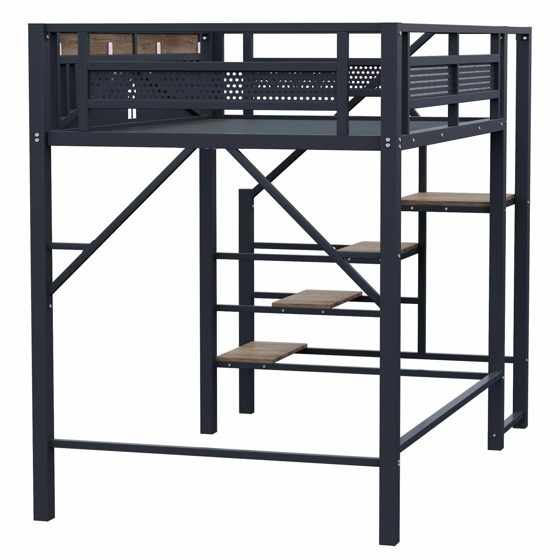 SACOOL Cama alta de metal de 140 x 200 cm, forma de carcasa única con diseño de ventana, con escalera de seguridad, mucho espacio debajo de la cama, color negro