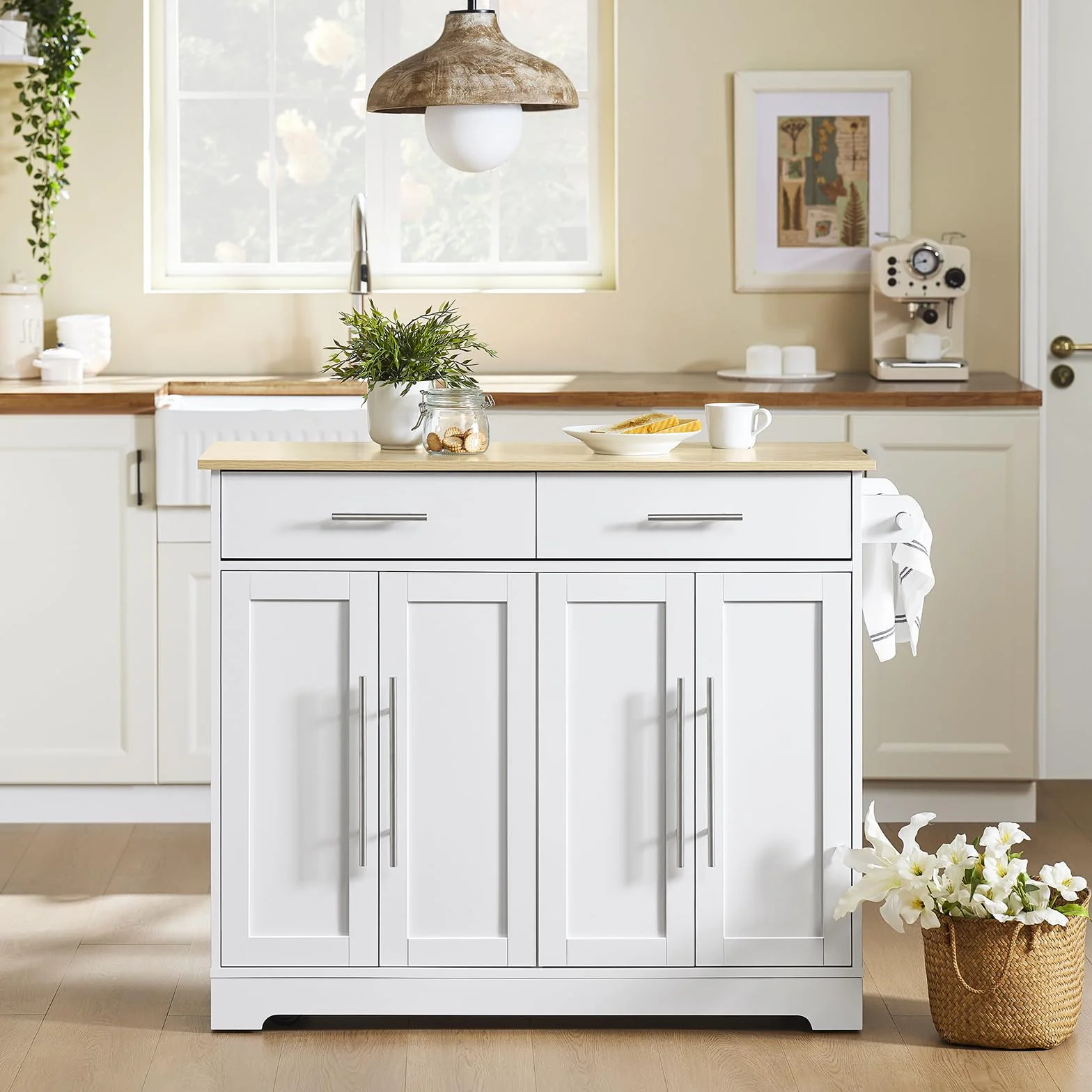 SoBuy Isla Cocina con Ruedas Carro de Cocina con Encimera Extensible Mueble Auxiliar de Cocina con 2 Cajones y Estantes Ajustables, Ideal para Cocinas Pequeñas Blanco 113 × 44–69 × 91 cm FKW129-WN