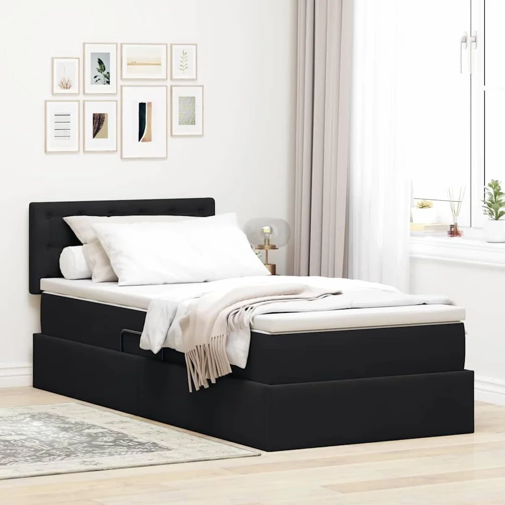 Cama de almacenamiento LED con colchón, 100 x 200 cm, terciopelo negro, cabecero ajustable, tira LED USB, cama de almacenamiento, colchón de muelles ensacados para la comodidad del dormitorio