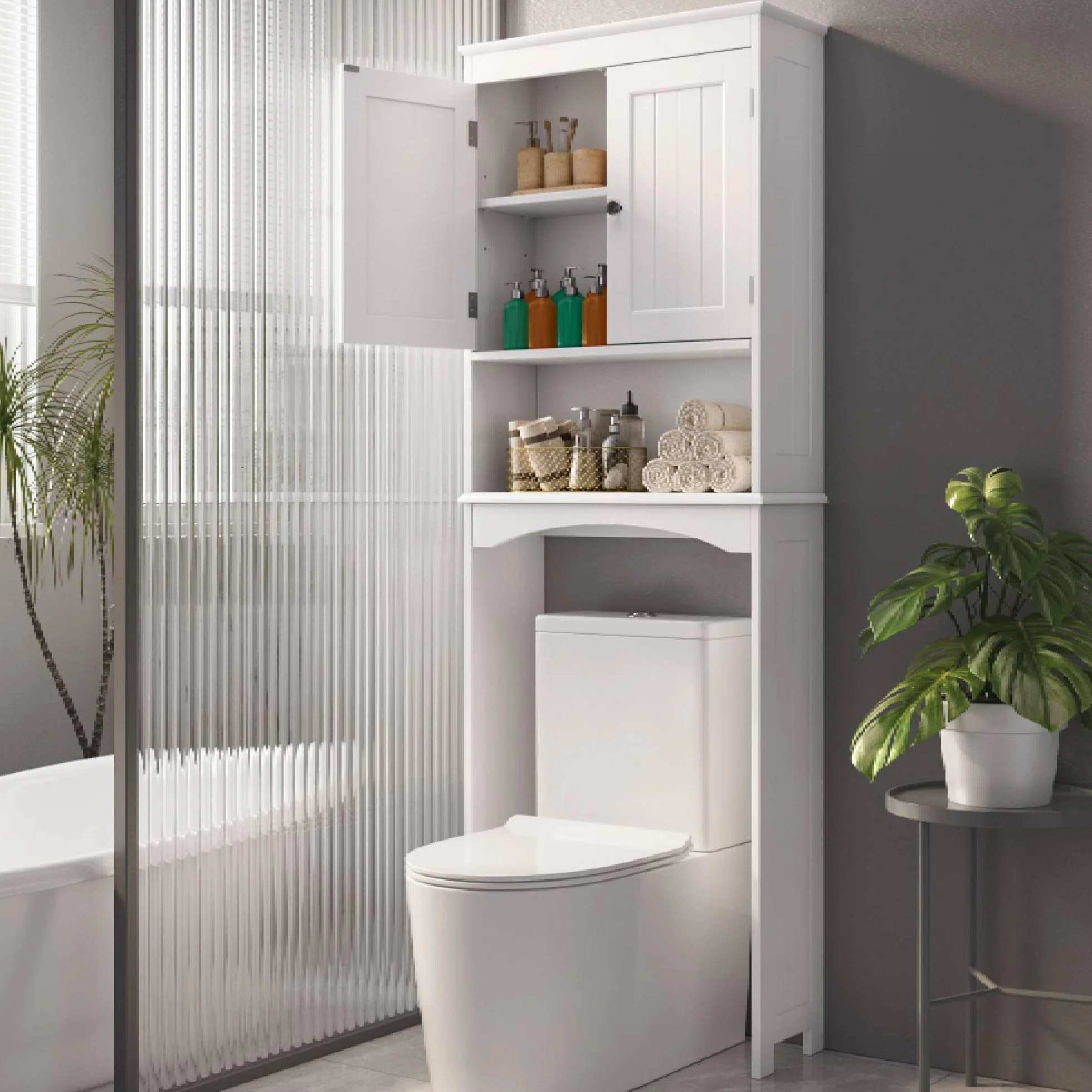 Estantería sobre Inodoro Mueble de Baño con Puertas Estantes Regulables 60x24x168 cm Blanco