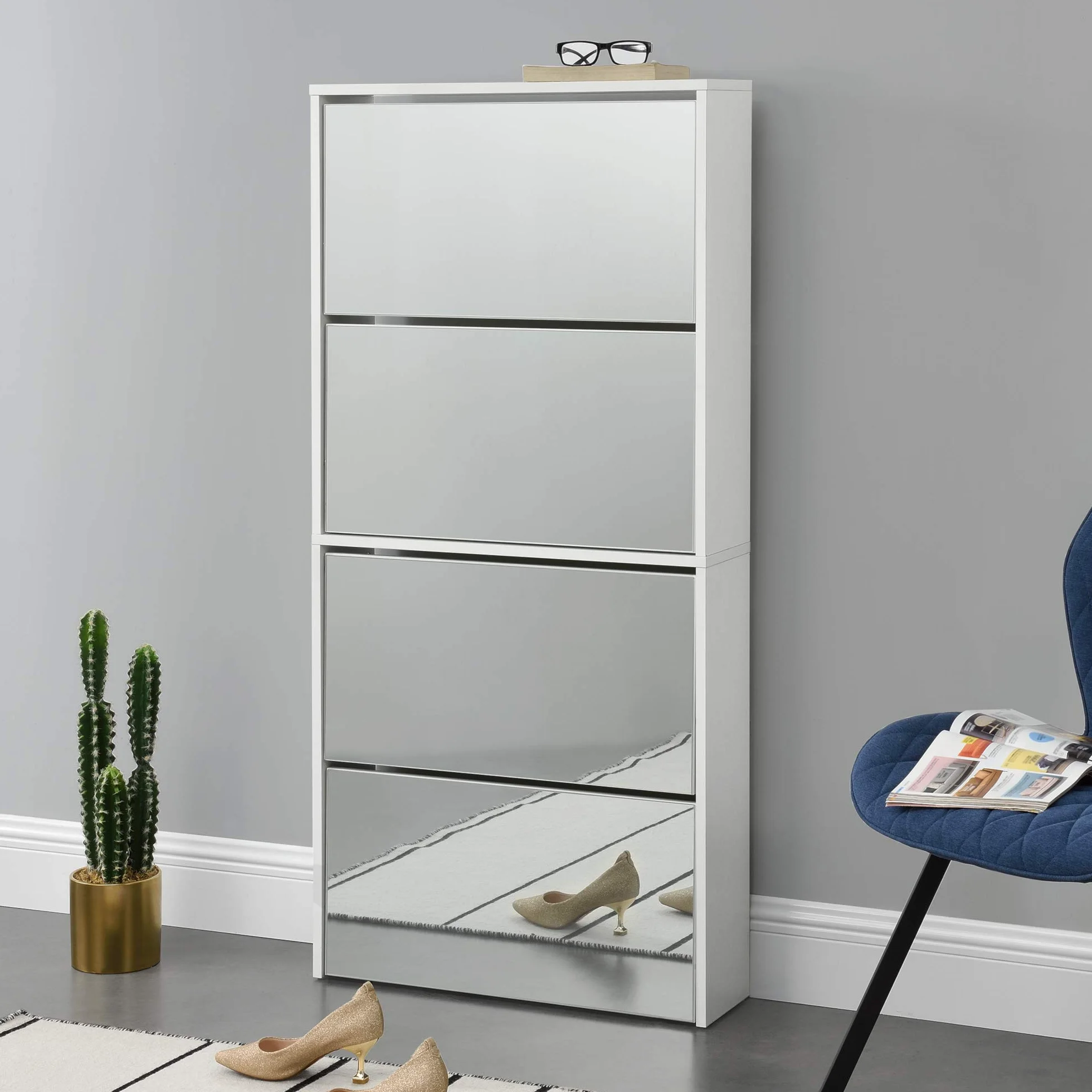 [en.casa] Zapatero con Espejo 134 x 63 x 17cm con 4 Compartimentos de Almacenamiento Mueble Zapatero Organizador de Zapatos Blanco