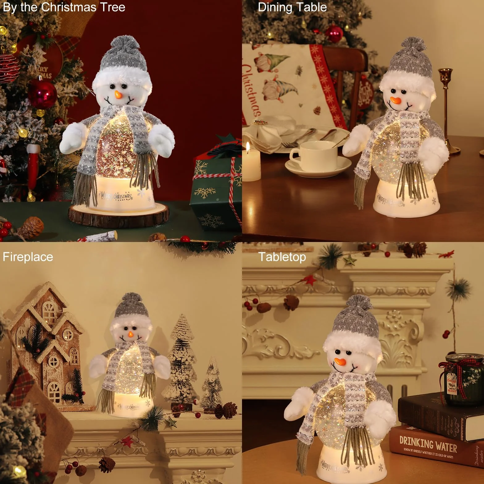 Lewondr Globo de Cristal Nieve Navideño, Hombre de Nieve con Bufanda Gris, Spinning Glow y 8 Canciones, Caja Musical Árbol Navidad, Alimentado por la Batería Lámpara de Navidad