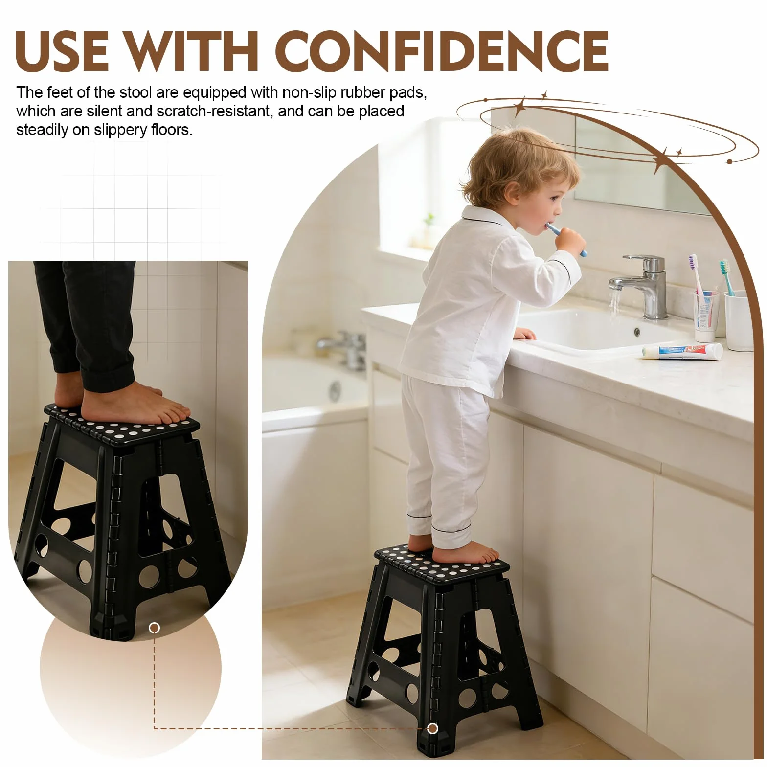 Taburete Escalón Plegable Portátil - Altura 45 cm - Soporta hasta 150 kg - con Asa para Llevar - Estable para Cocina, Baño, Habitación Infantil, Recibidor y Camping - Negro