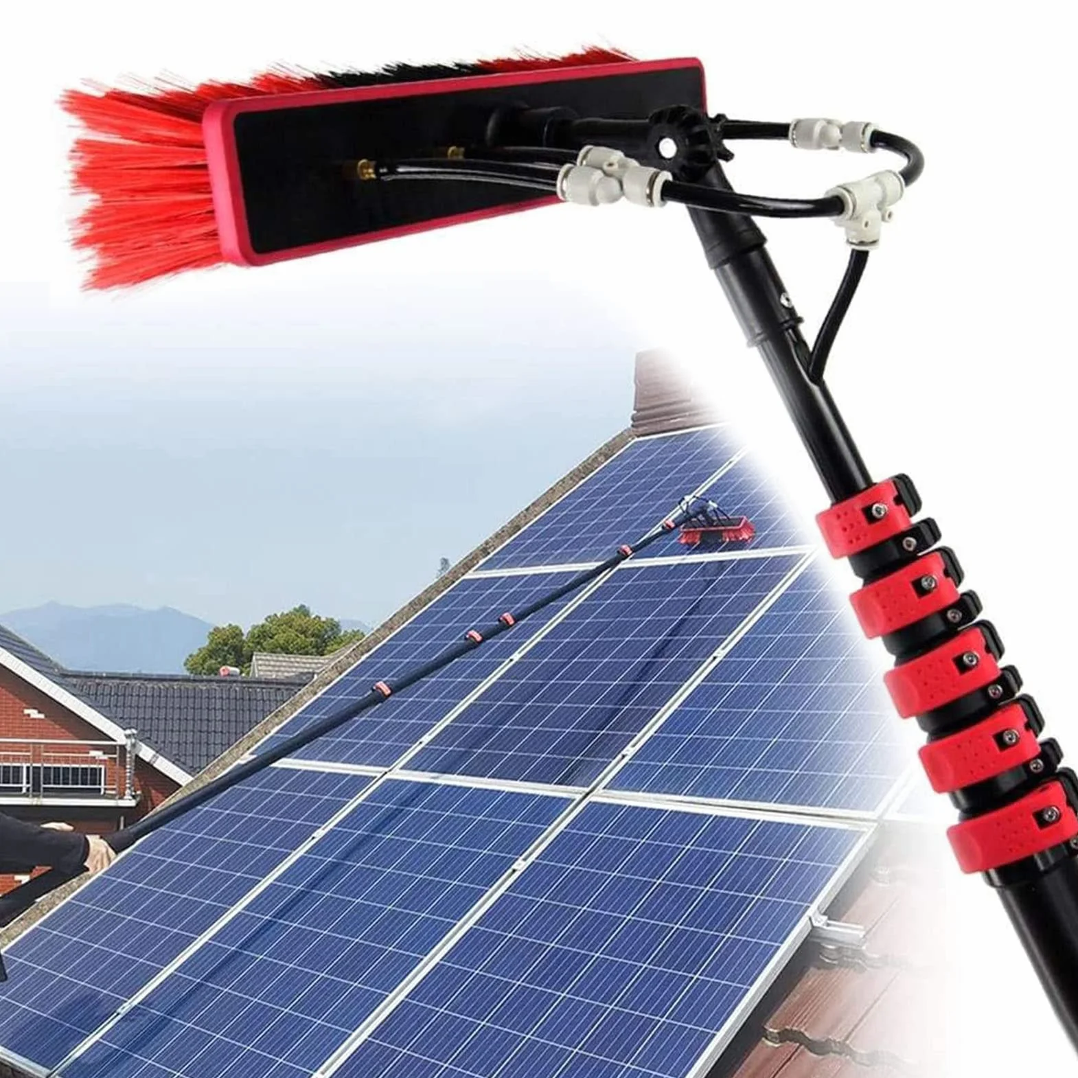 Kit telescópico para Limpieza de Ventanas. Pértiga Extensible con Suministro de Agua y Cepillo para Paneles solares y Cristales. Herramienta de Limpieza Exterior sin Esfuerzo para Uso domést