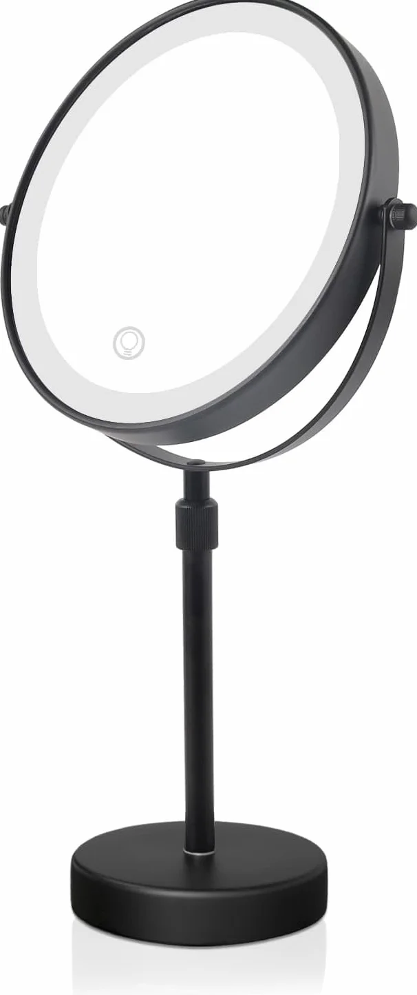 Nicesail Espejo Maquillaje con Luz - Espejo de Mesa Negro - Espejo Aumento 5X - Altura Regulable - Brillo Regulable - Luces de Tres Colores - Recargable - para Afeitado Baño,Diámetro 20 cm