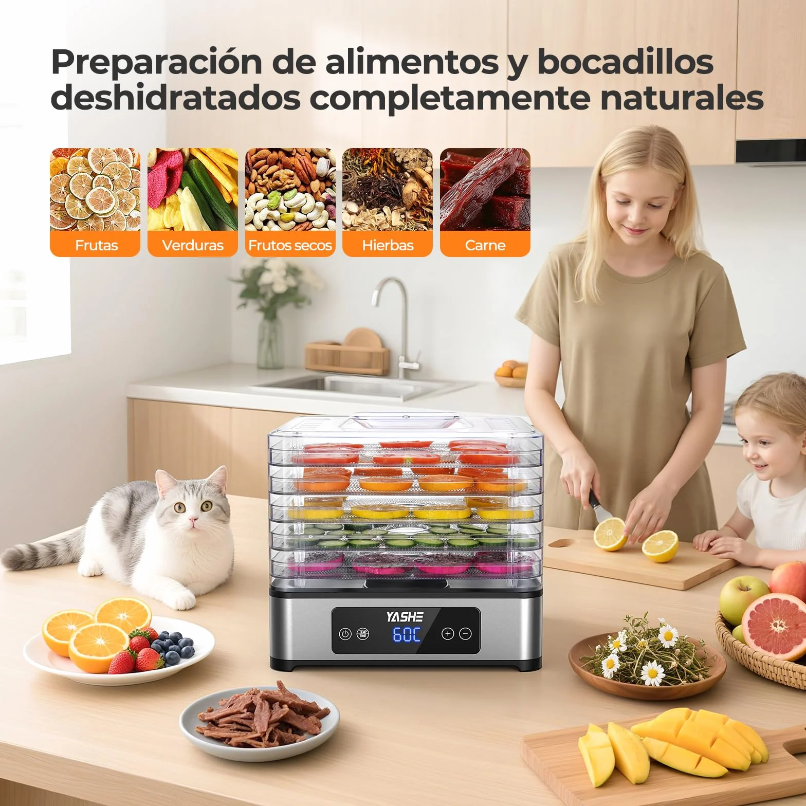 YASHE Deshidratador de Alimentos 5 Bandejas Acero Inoxidable 400W Flujo de Aire 360° Sin BPA
