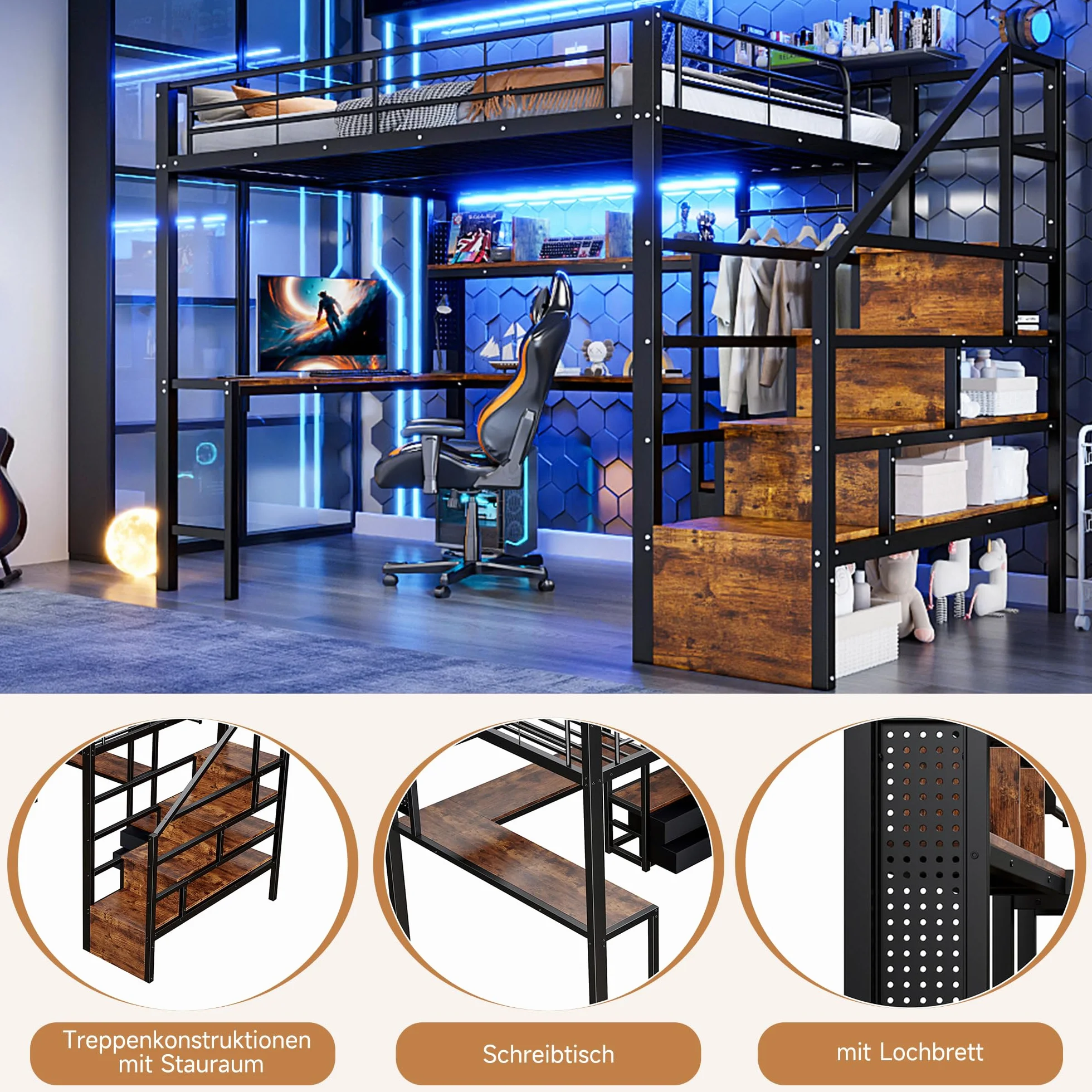 Cama alta de hierro 140 x 200 con luces LED, escritorio, 2 cajones, rejilla para colgar, litera para niños con escalera de almacenamiento, estructura de cama individual, color negro
