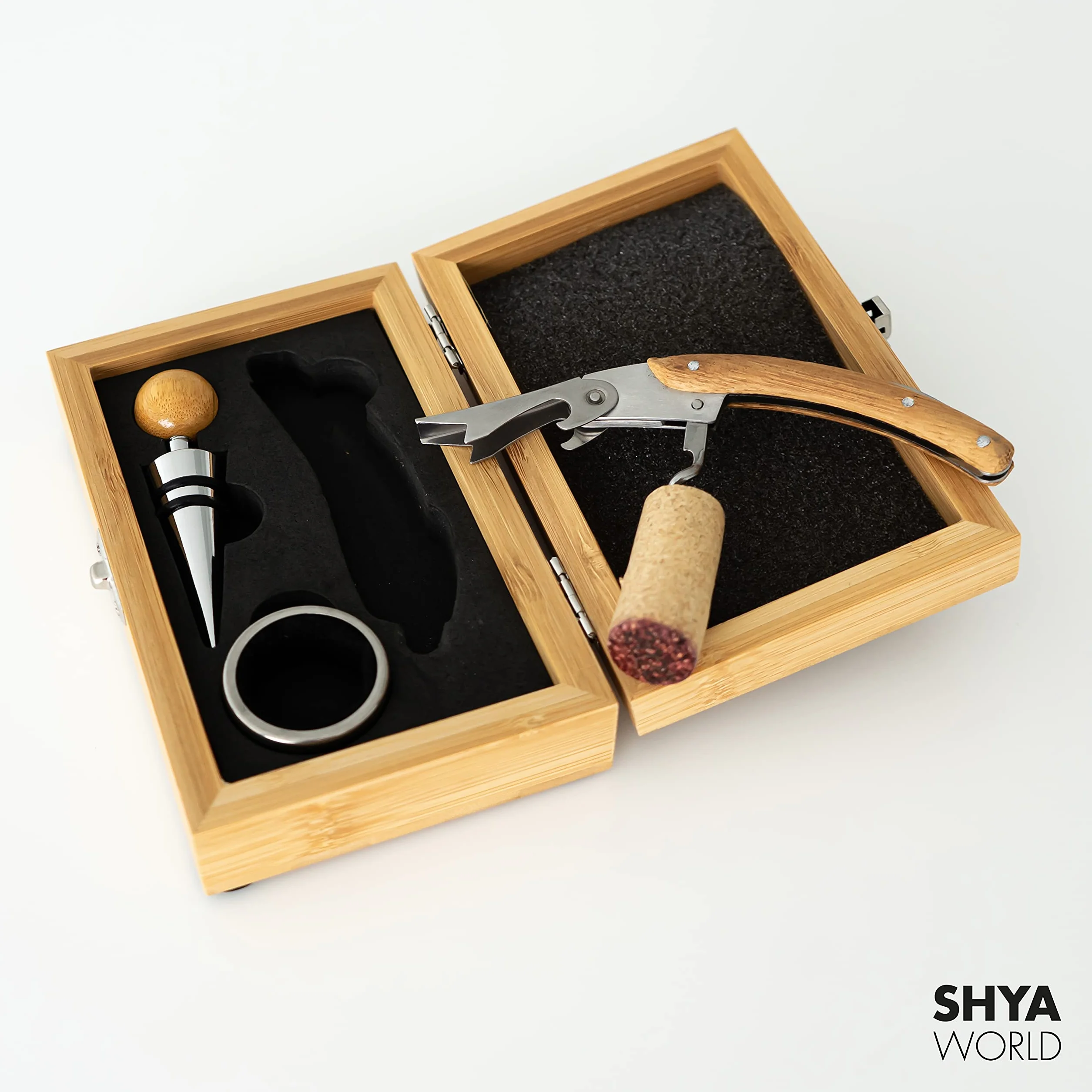 Set de Vinos Accesorios para regalar. Estuche de Regalo elegante con acabado de Material Natural Eco. (Set Madera Bambú)