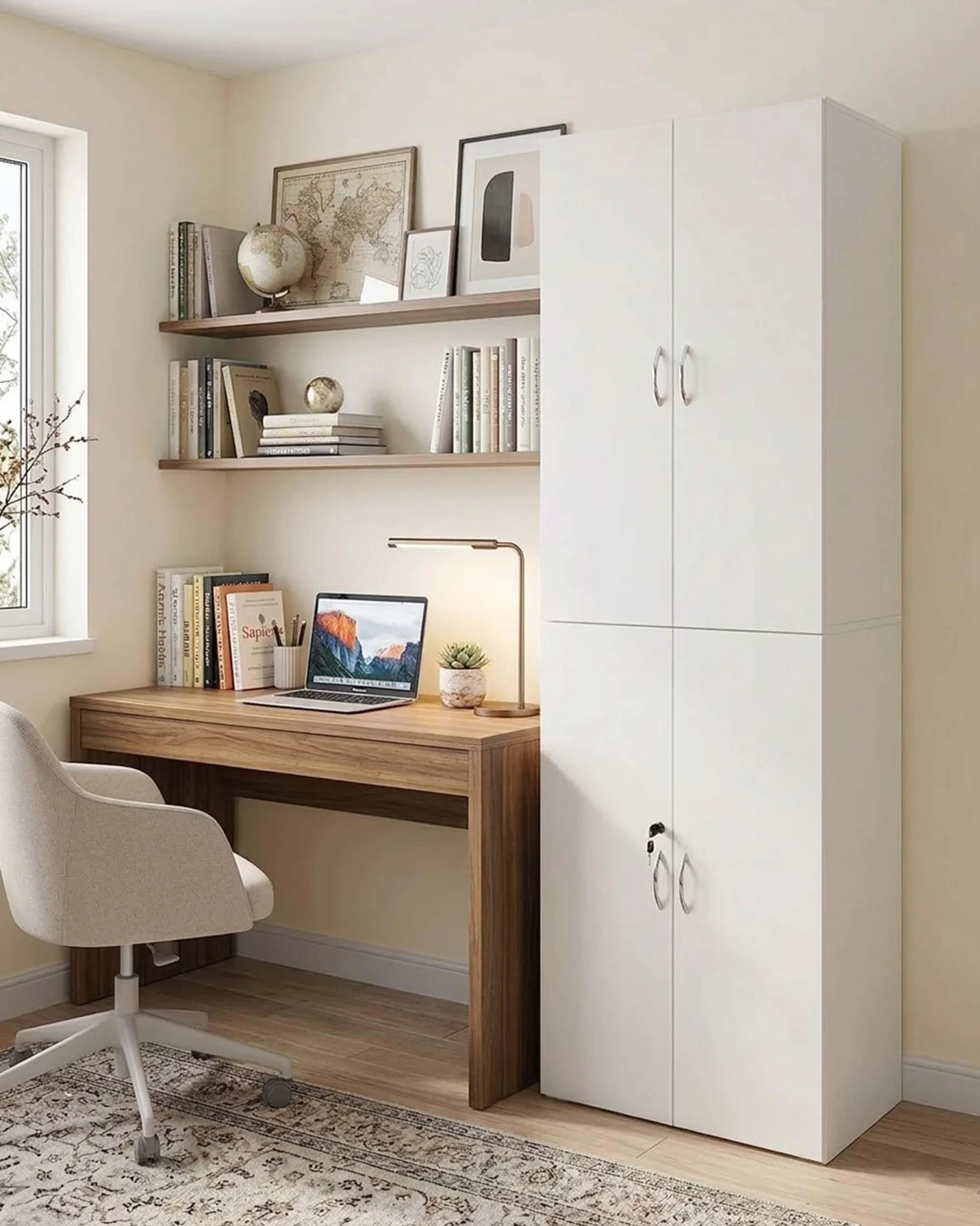 Armario archivador con cerradura, armario de oficina blanco con puertas, 58 x 30 x 180 cm, armario multiusos de madera, armario estrecho para oficina, pasillo, armario multiusos moderno