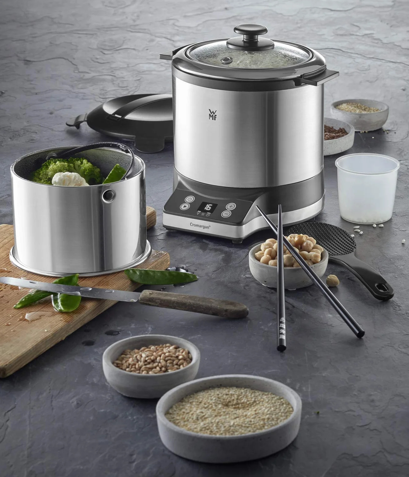 WMF Kitchenminis Arrocera 220W 1L acero inoxidable cromargan mate tapa recipiente base dual mantenimiento calor taza cuchara medidora