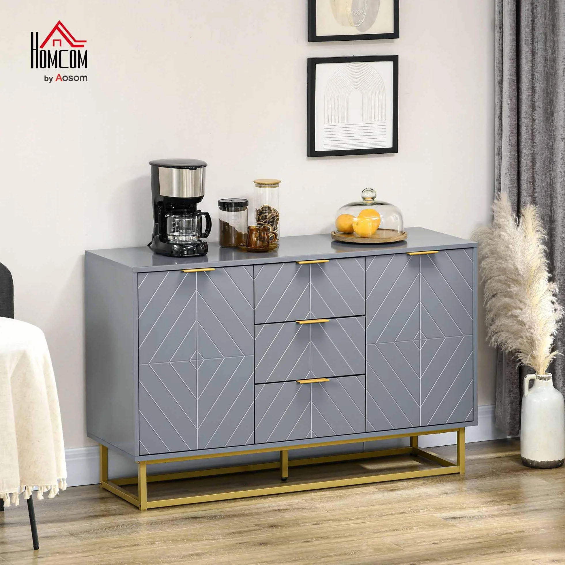 HOMCOM Aparador Moderno Aparador para Salón con 3 Cajones 2 Puertas y Estante Ajustable Mueble Auxiliar para Salón Cocina Antivuelco 120x40x76 cm Gris