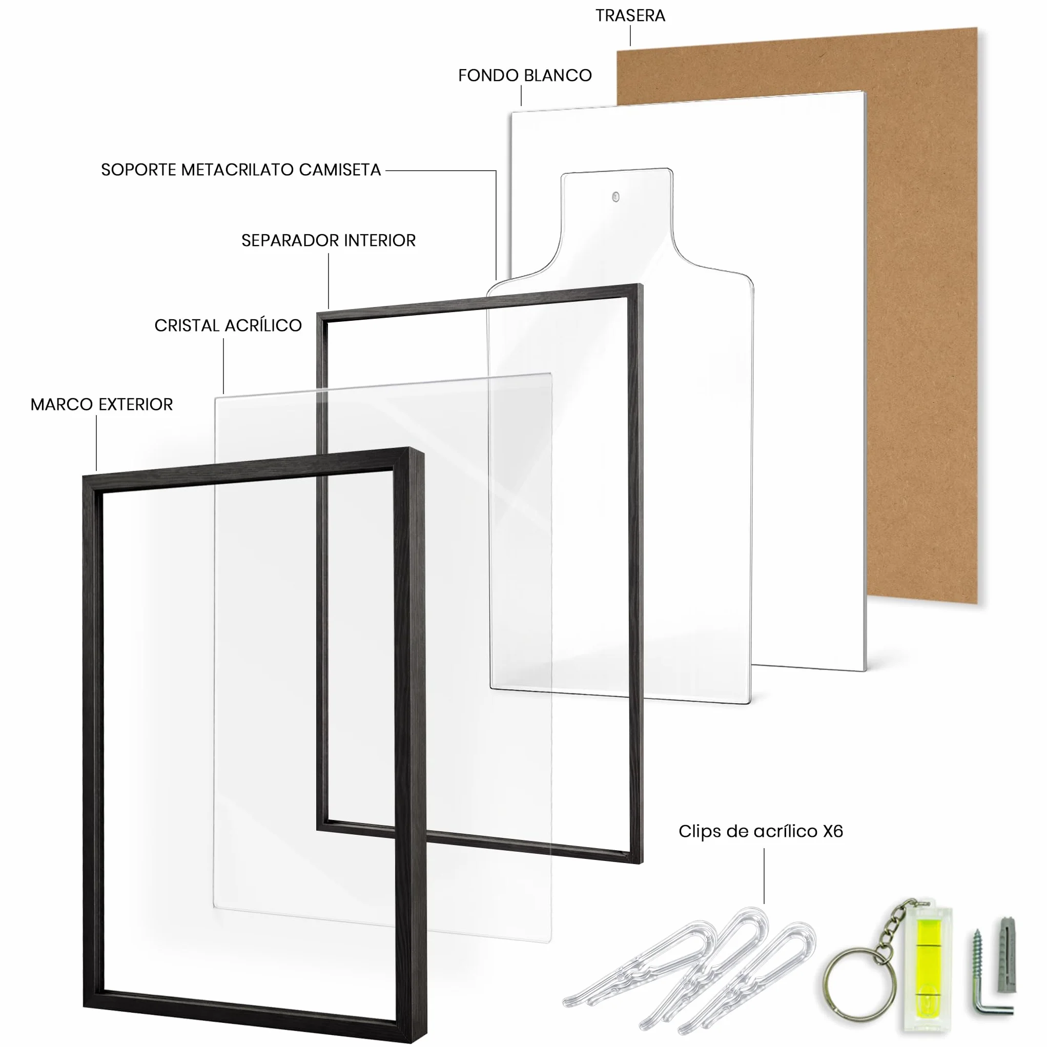 Marco Expositor para Camisetas 58x78 cm con Panel de Metacrilato Negro Fondo Blanco