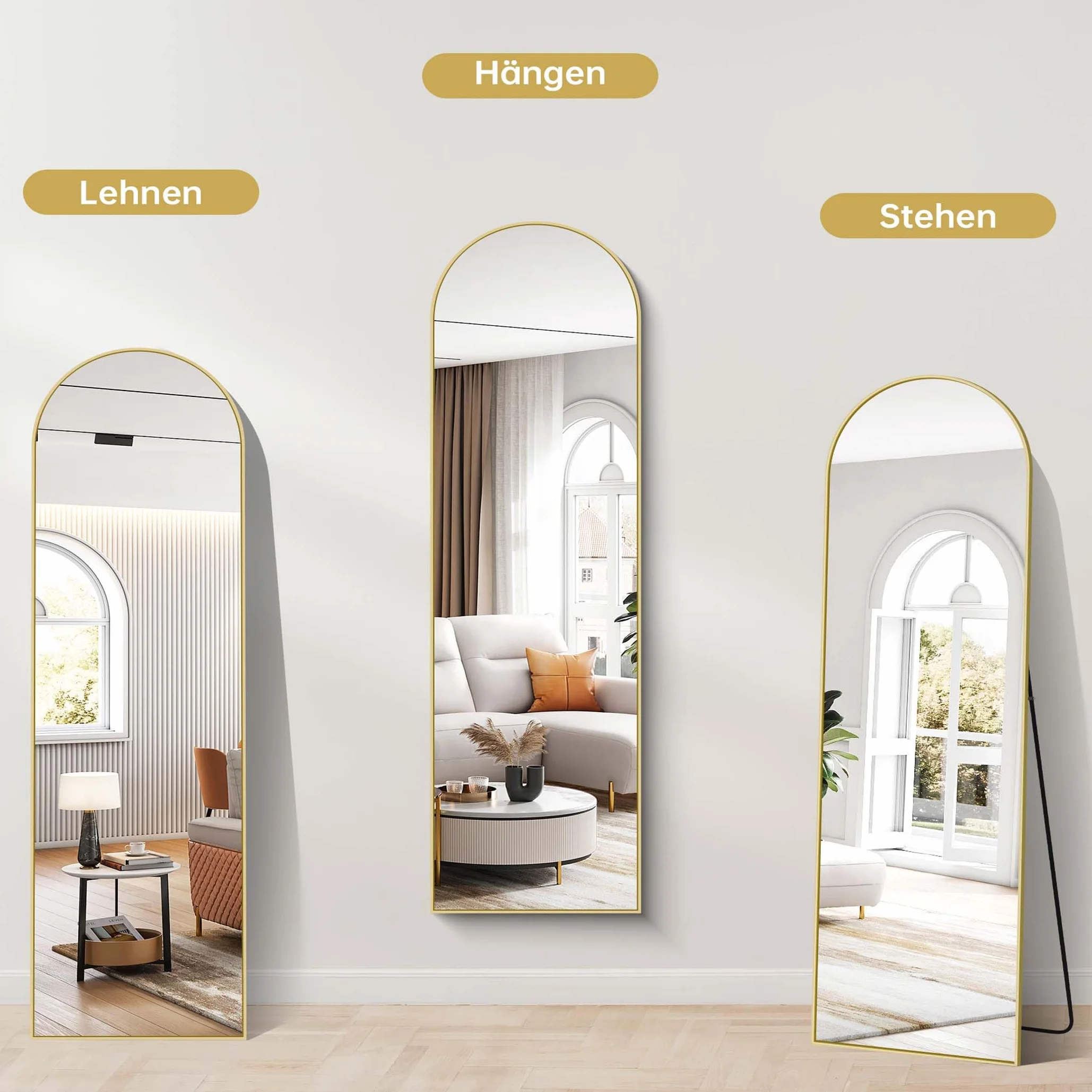 Weare Home Espejo de Cuerpo Entero, 150 x 40 cm, Espejo de Pie Curvado, Espejo de Pared con Marco de Aluminio Dorado y Soporte para Sala Dormitorio