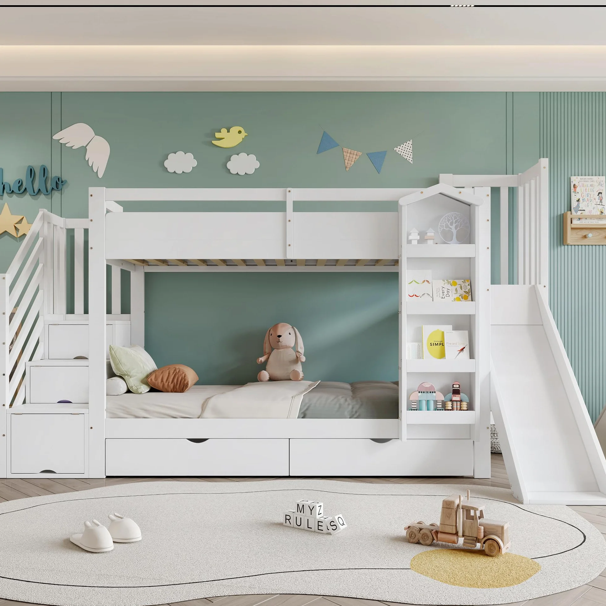 Litera, cuna, con estante para libros, dos cajones con ruedas y tobogán infantil, armario de almacenamiento para escaleras, pino + MDF + madera contrachapada, blanco, 90 x 200 cm